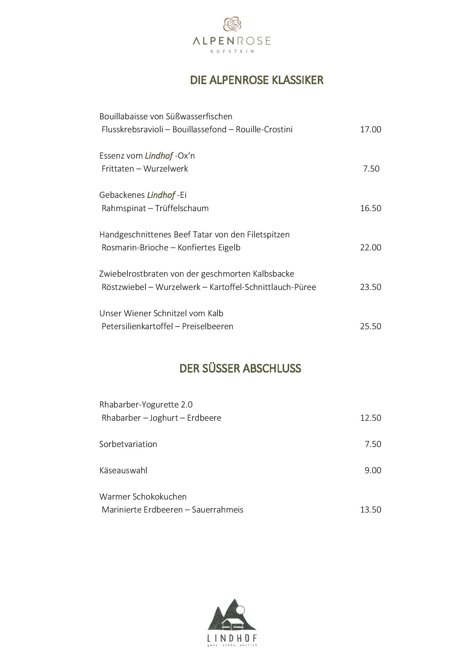 Speisekarte ALPENROSE Kufstein in Kufstein, Seite 2