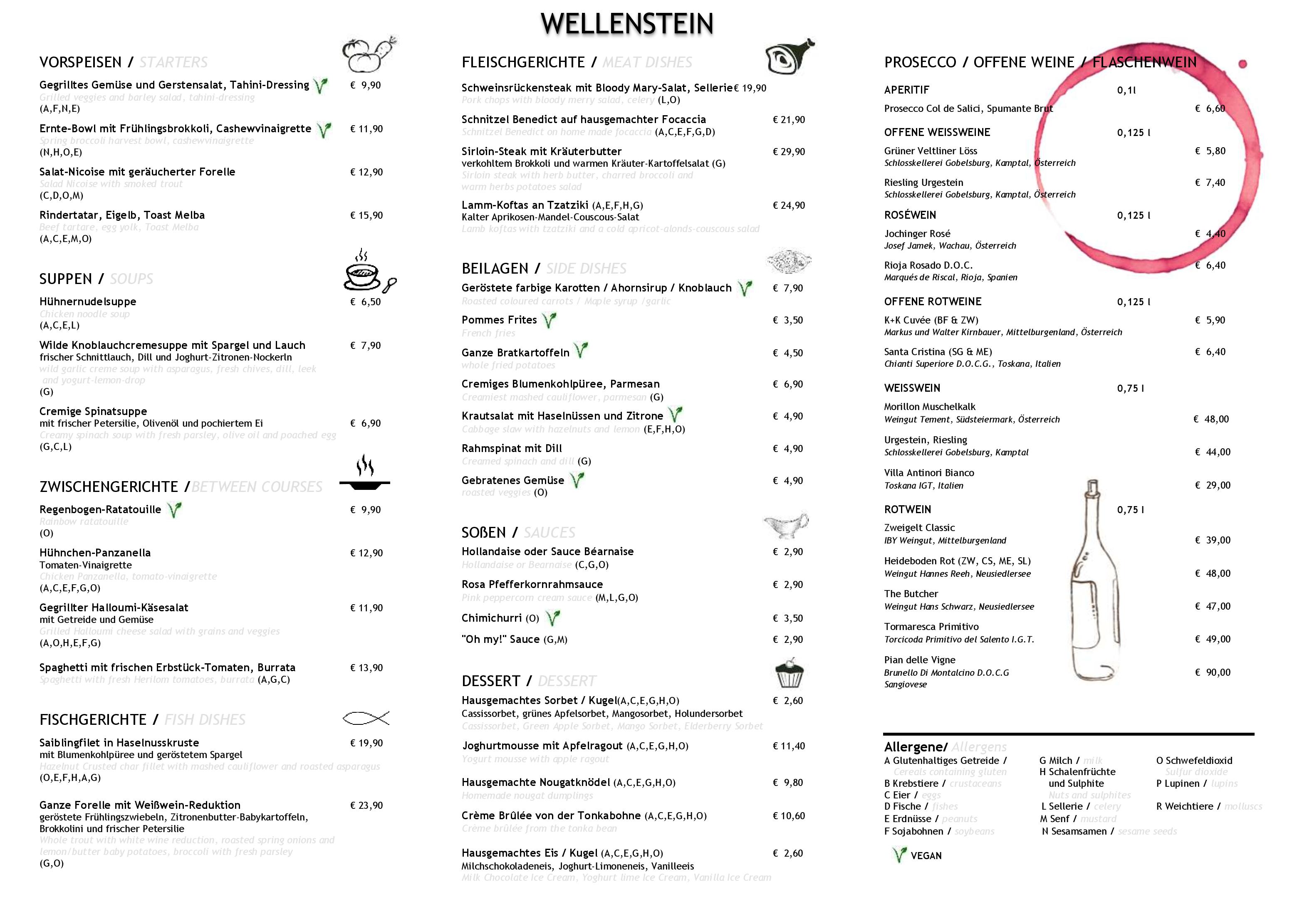 Speisekarte Restaurant Wellenstein in Lochau, Seite 1
