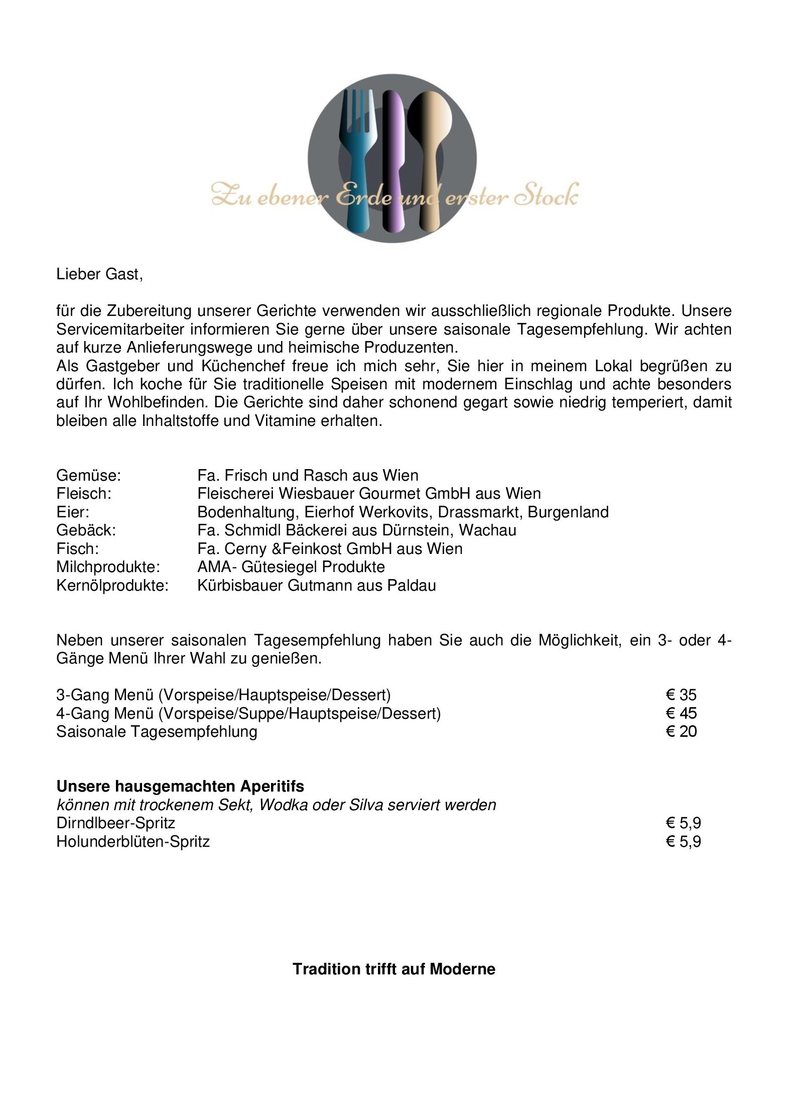 Speisekarte Das Biedermeierrestaurant Zu ebener Erde und erster Stock in Wien, Seite 1