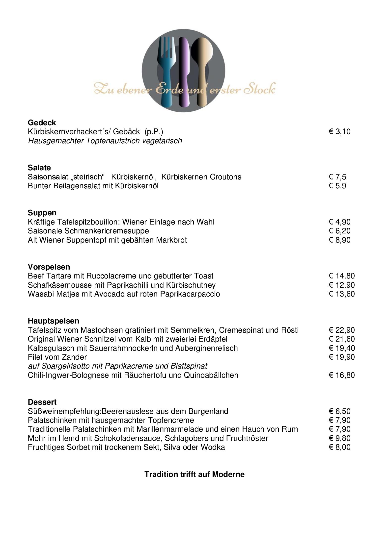 Speisekarte Das Biedermeierrestaurant Zu ebener Erde und erster Stock in Wien, Seite 2
