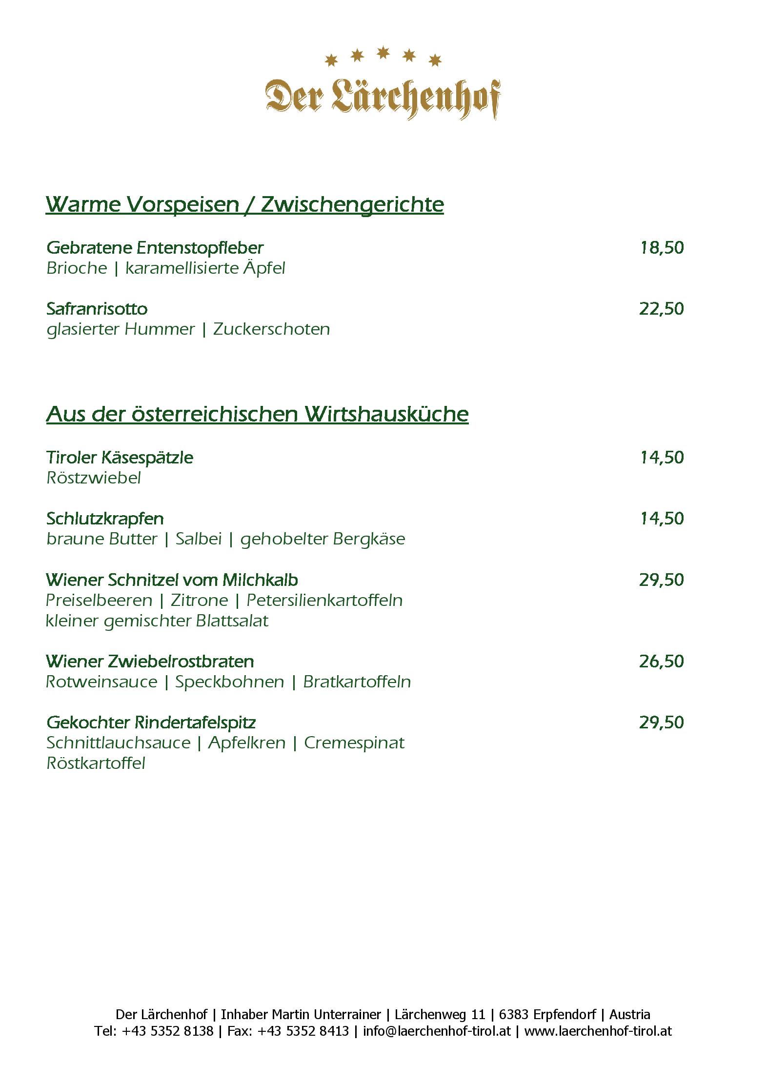 Speisekarte Restaurant Der Lärchenhof in Erpfendorf, Seite 2