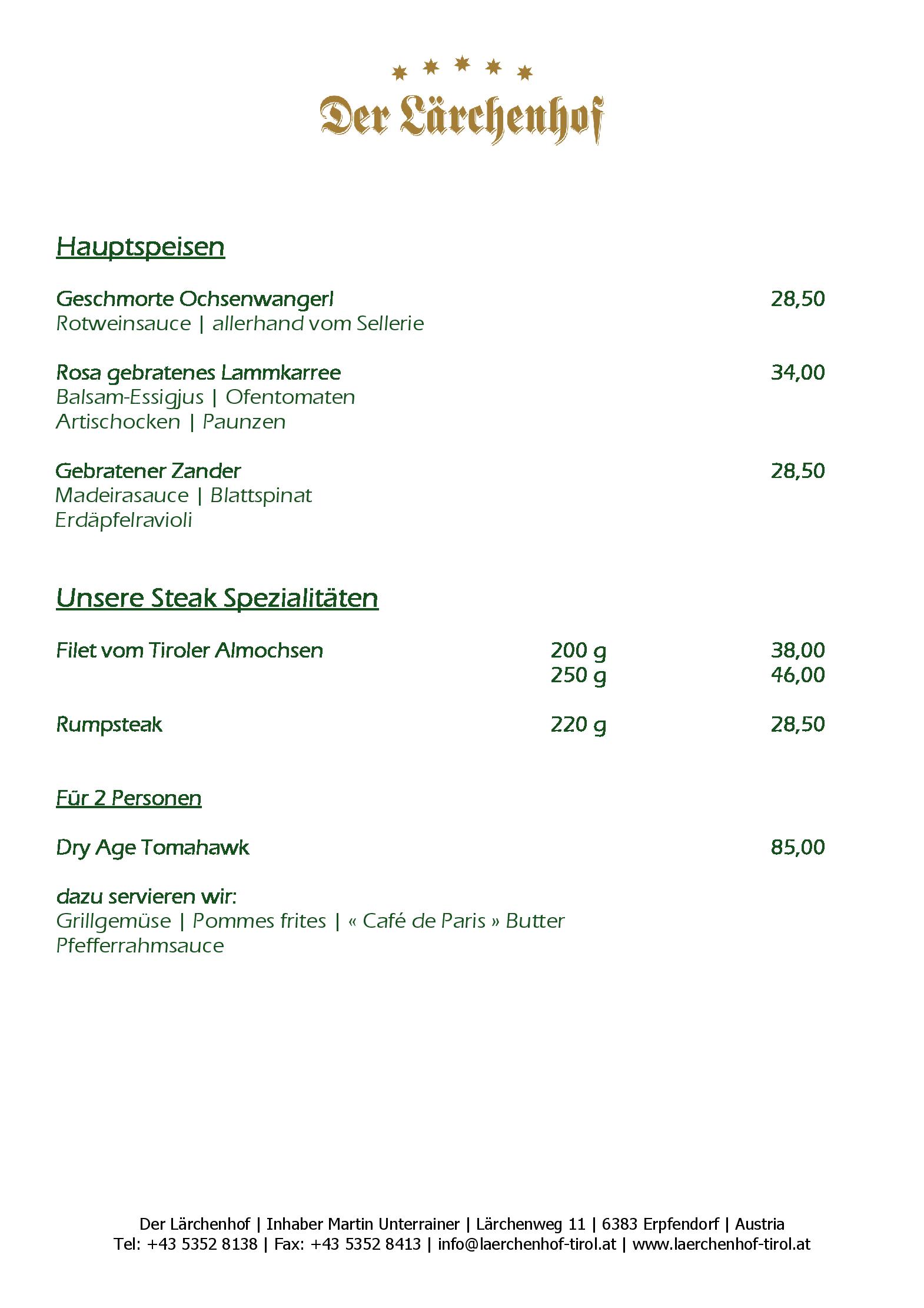Speisekarte Restaurant Der Lärchenhof in Erpfendorf, Seite 1