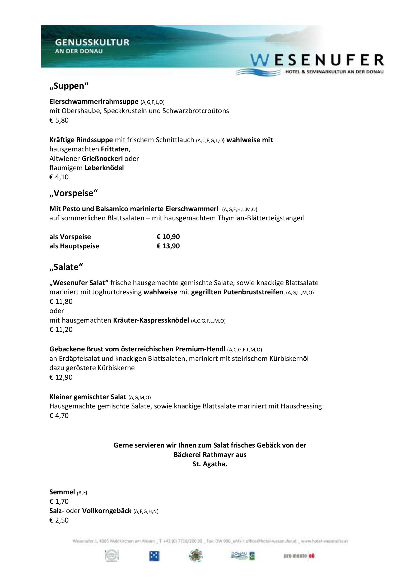 Speisekarte Wesenufer Hotel & Seminarkultur an der Donau in Wesenufer, Seite 18
