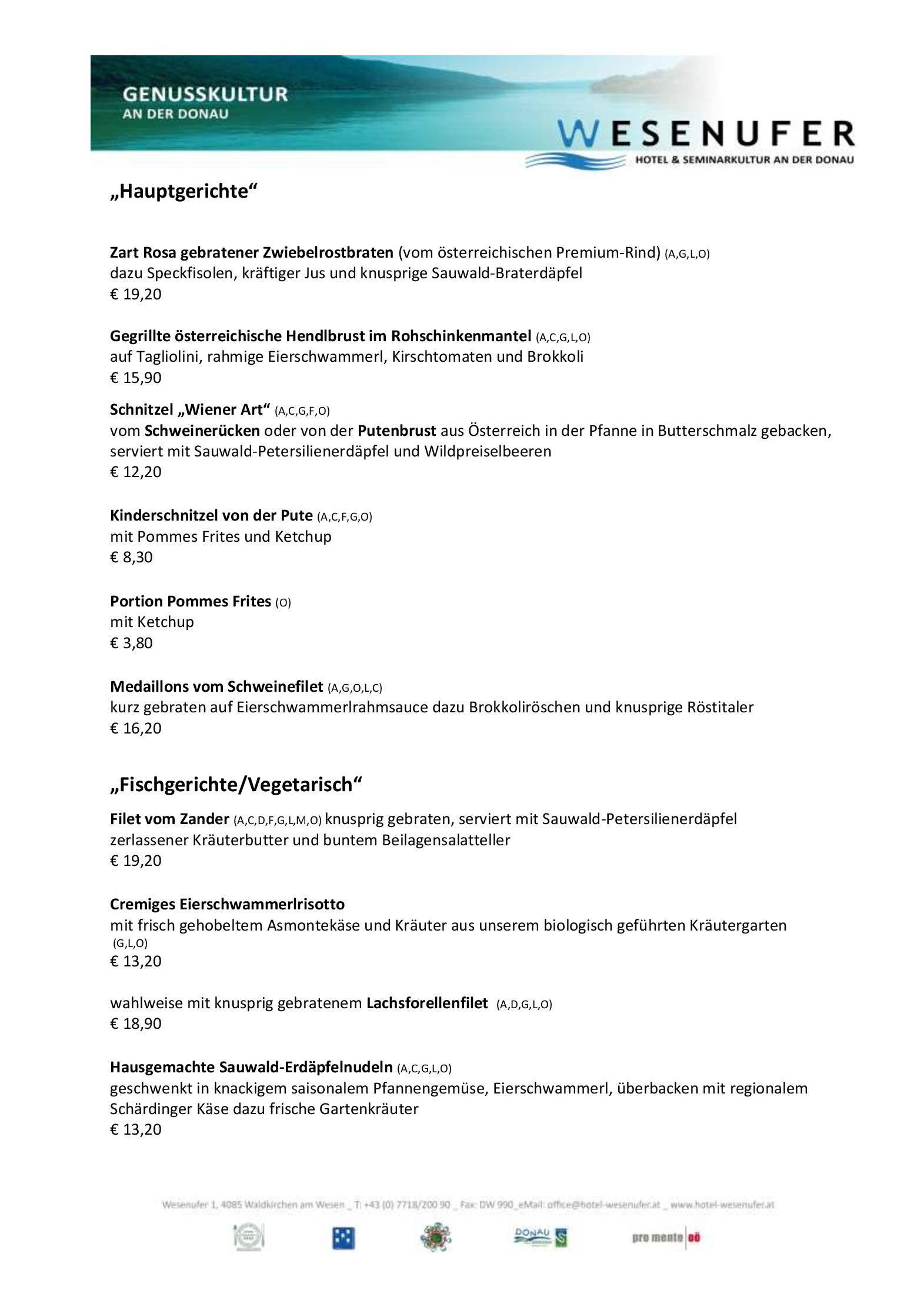 Speisekarte Wesenufer Hotel & Seminarkultur an der Donau in Wesenufer, Seite 17
