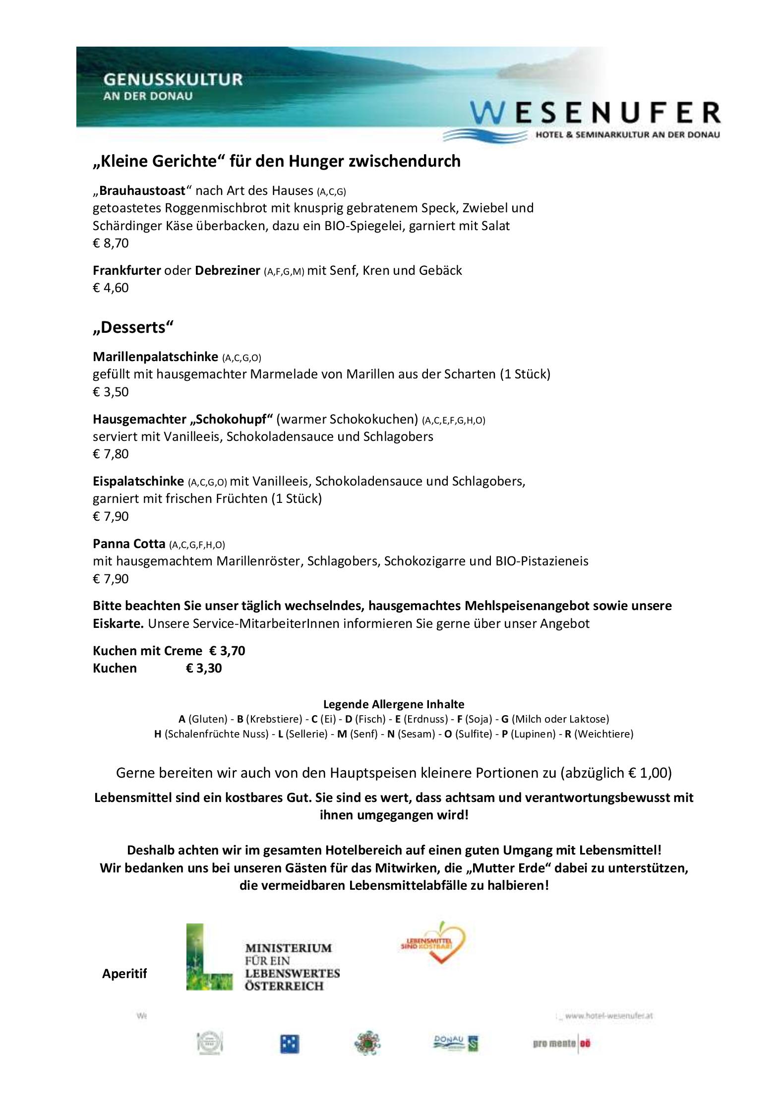 Speisekarte Wesenufer Hotel & Seminarkultur an der Donau in Wesenufer, Seite 16