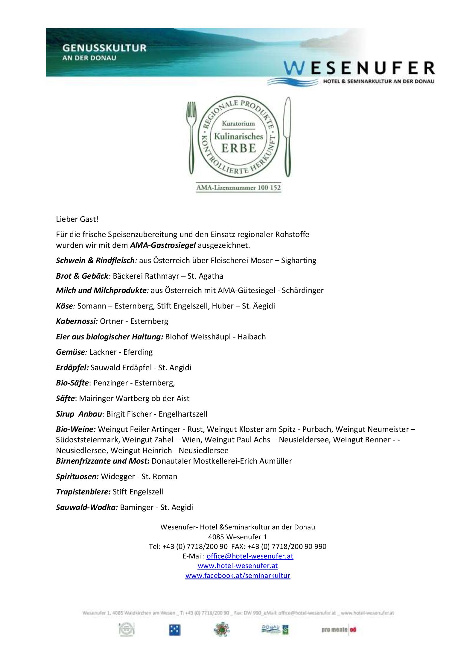 Speisekarte Wesenufer Hotel & Seminarkultur an der Donau in Wesenufer, Seite 1