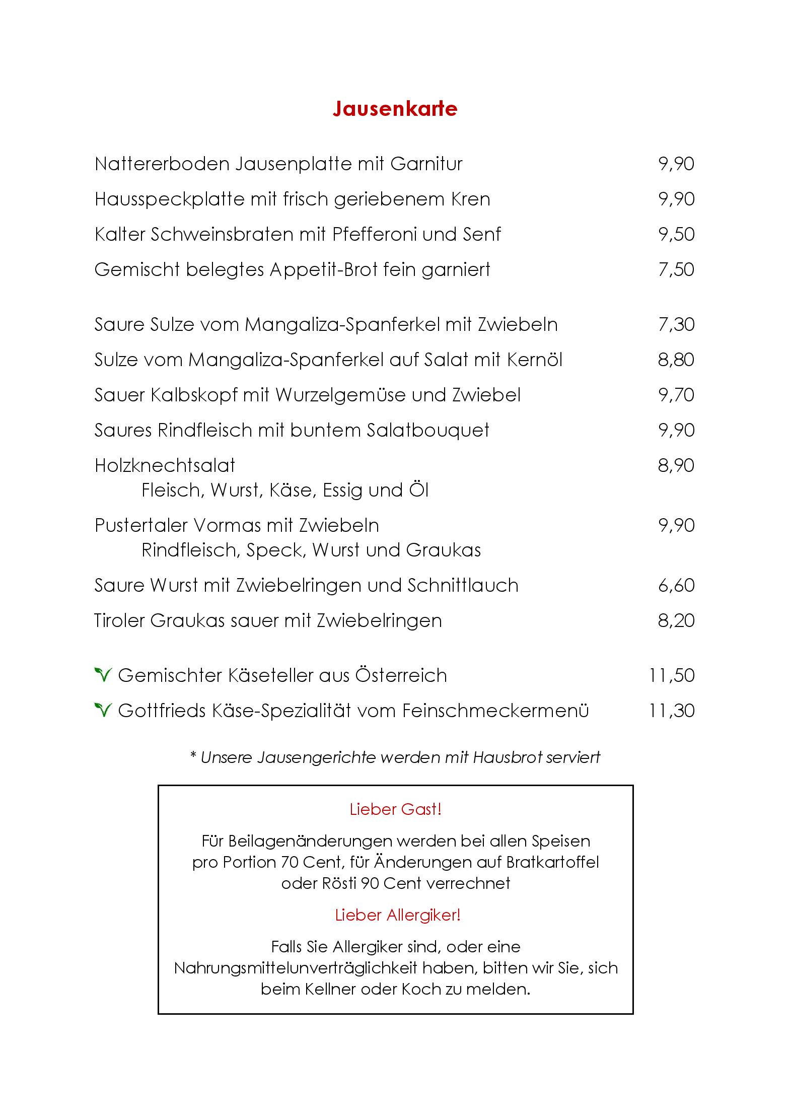 Speisekarte Wirtshaus Nattererboden in Innsbruck, Seite 9