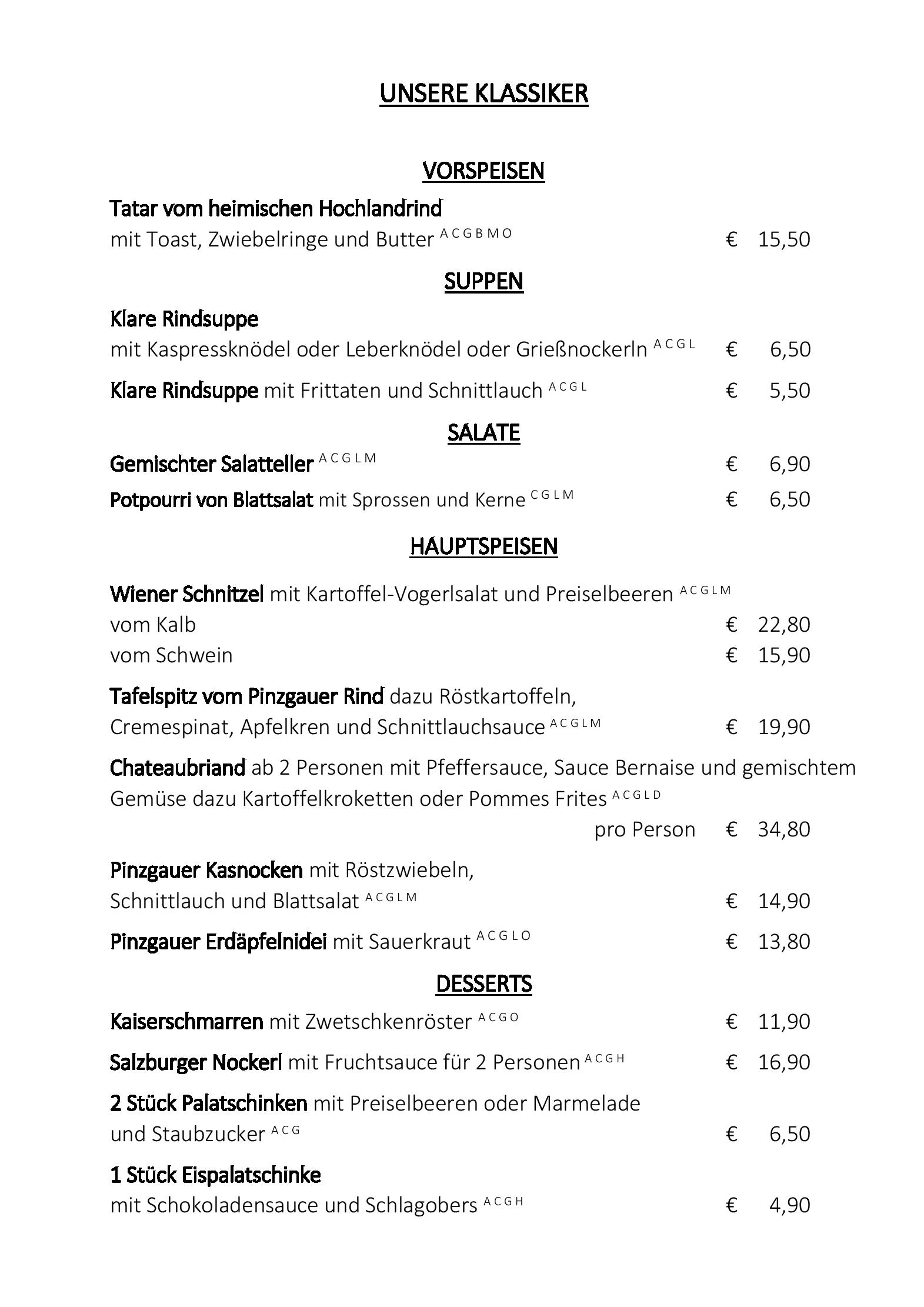 Speisekarte Hotel Restaurant zum Hirschen in Zell am See, Seite 1