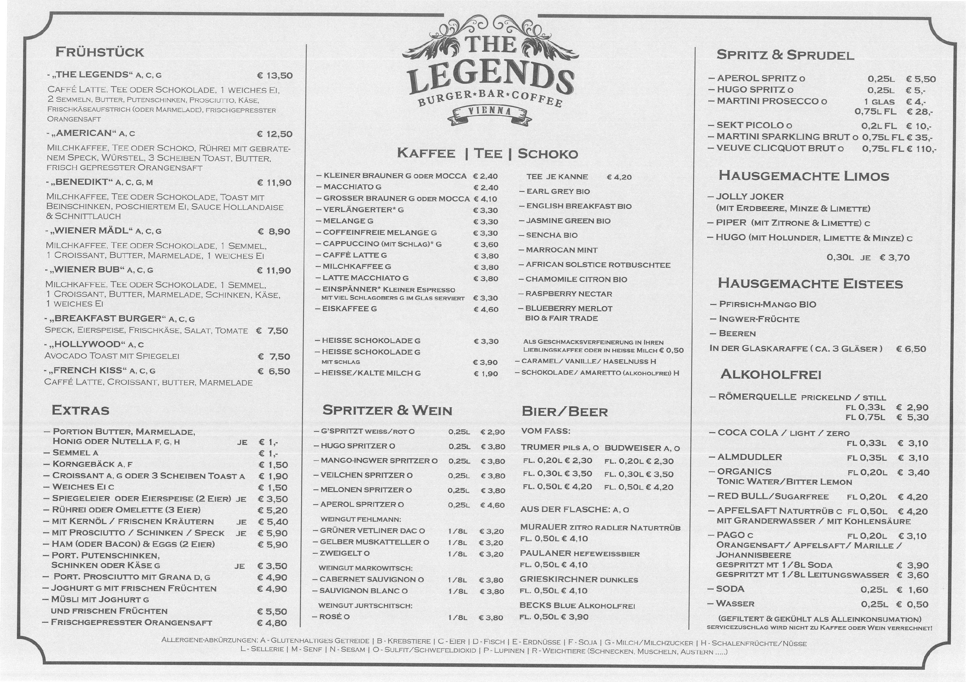 Speisekarte The Legends Vienna in Wien, Seite 2