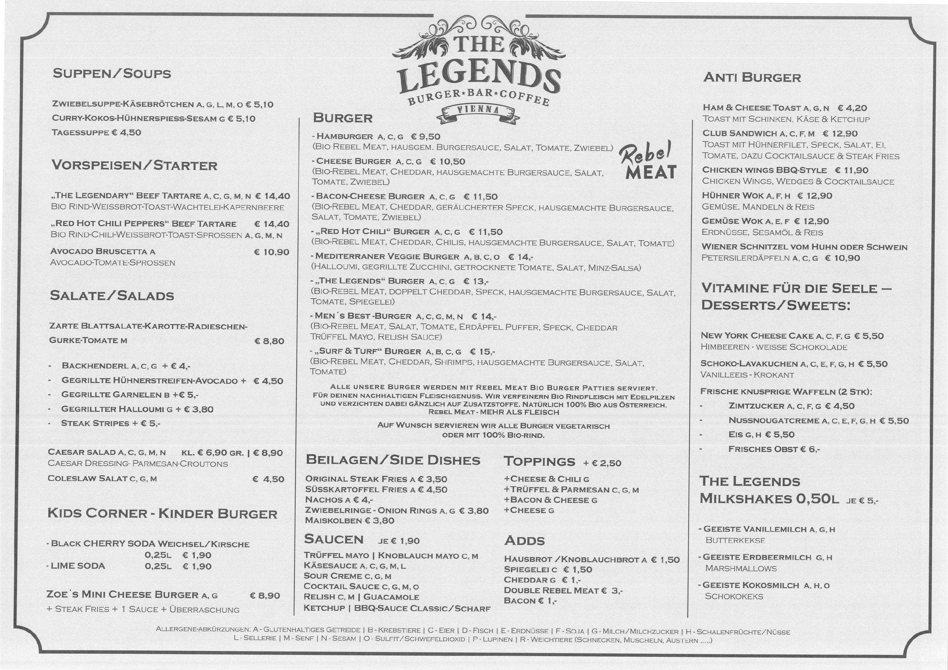 Speisekarte The Legends Vienna in Wien, Seite 1