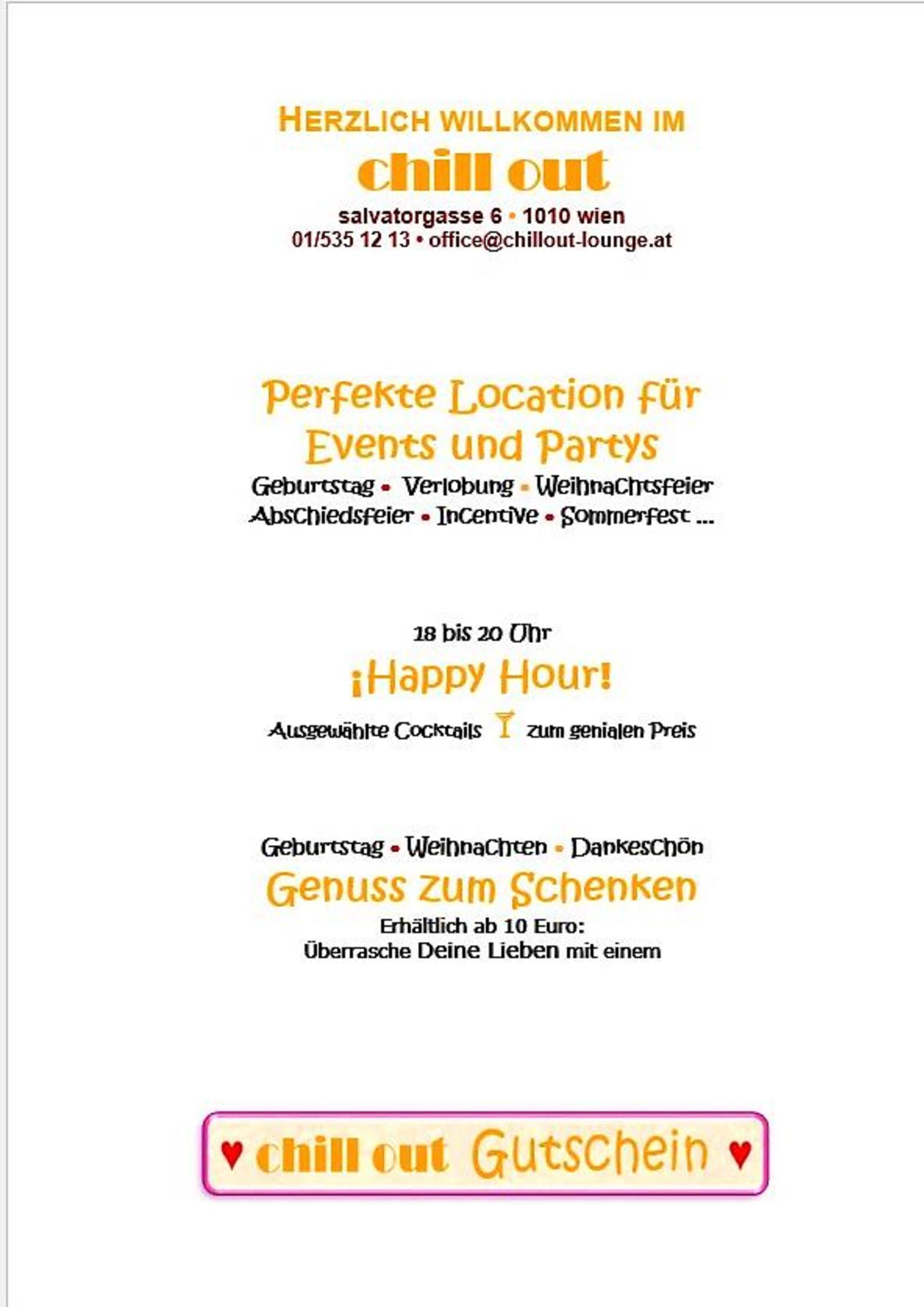 Speisekarte Chill Out Lounge I Cocktail-Bar 1010 Wien in Wien, Seite 2
