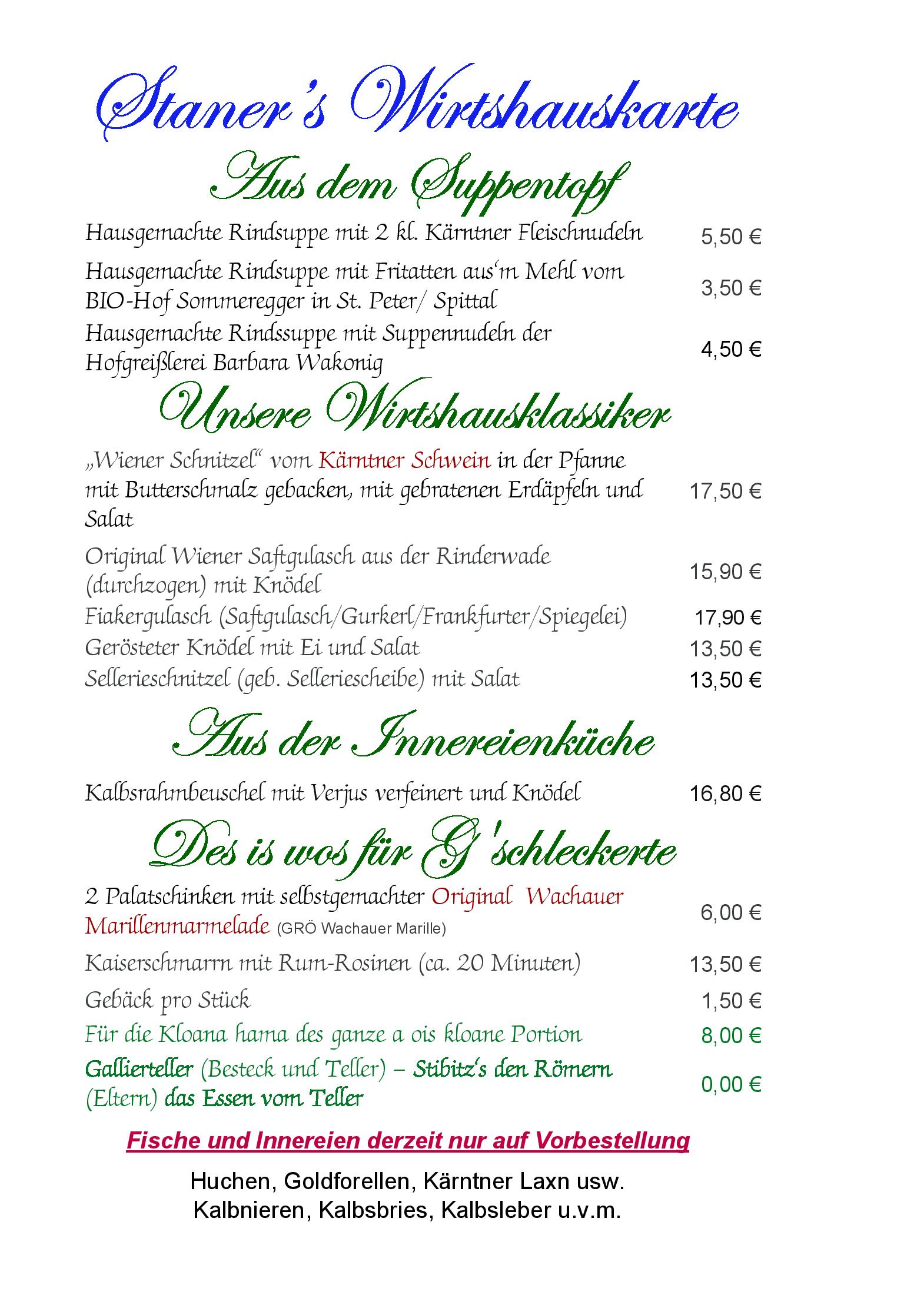 Speisekarte GenussRestaurant Staner im Landhaus Gritschacher in Lendorf, Seite 2