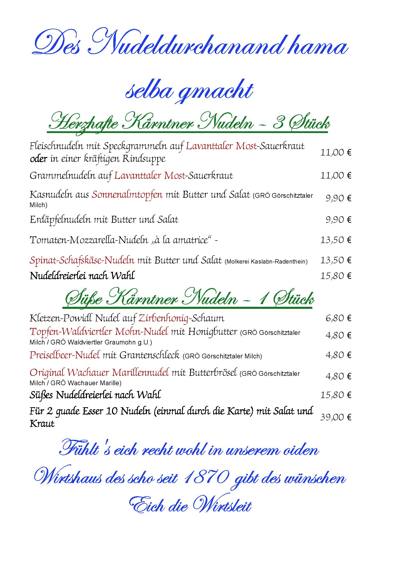 Speisekarte GenussRestaurant Staner im Landhaus Gritschacher in Lendorf, Seite 1