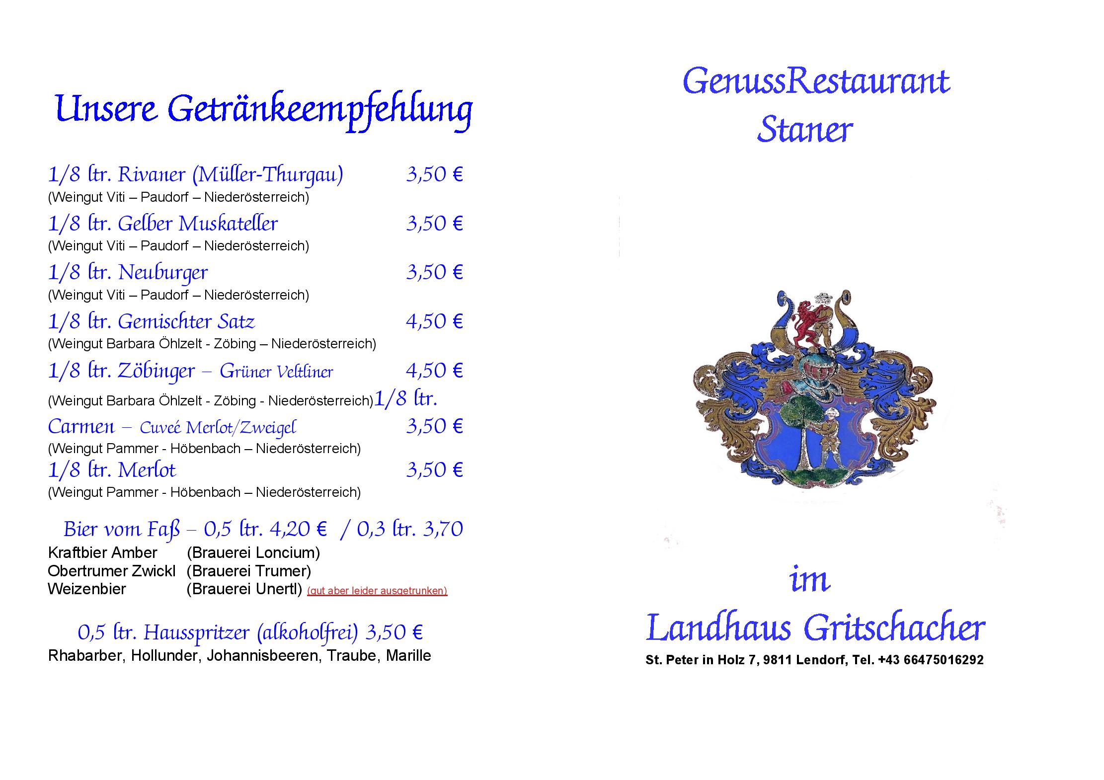 Speisekarte GenussRestaurant Staner im Landhaus Gritschacher in Lendorf, Seite 3