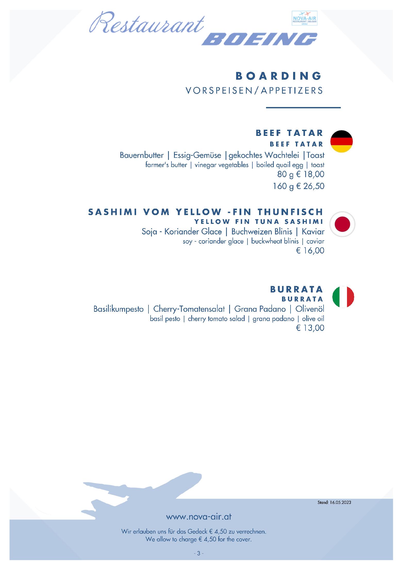 Speisekarte NOVA-AIR Restaurant Boeing in Graz, Seite 35