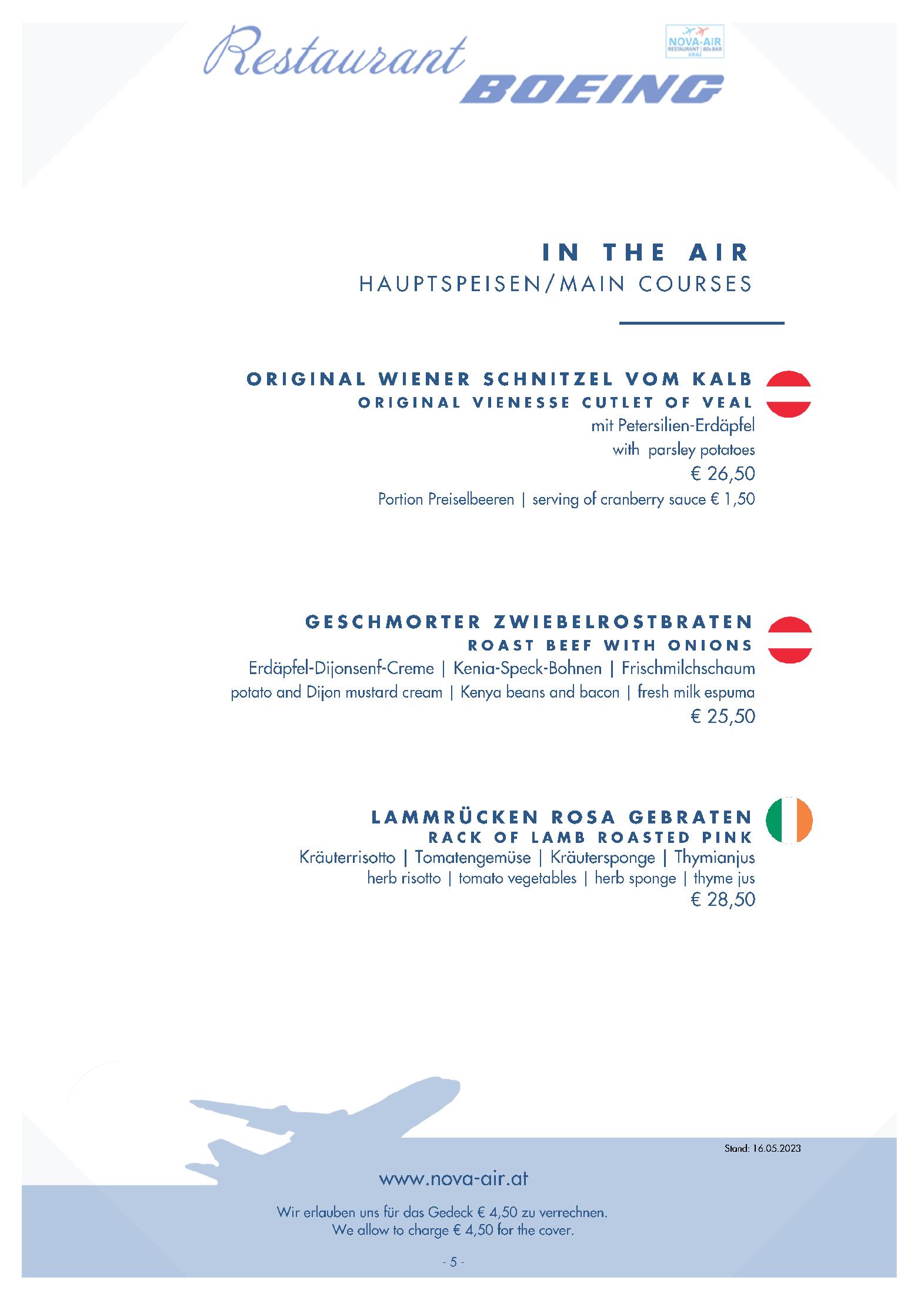Speisekarte NOVA-AIR Restaurant Boeing in Graz, Seite 13