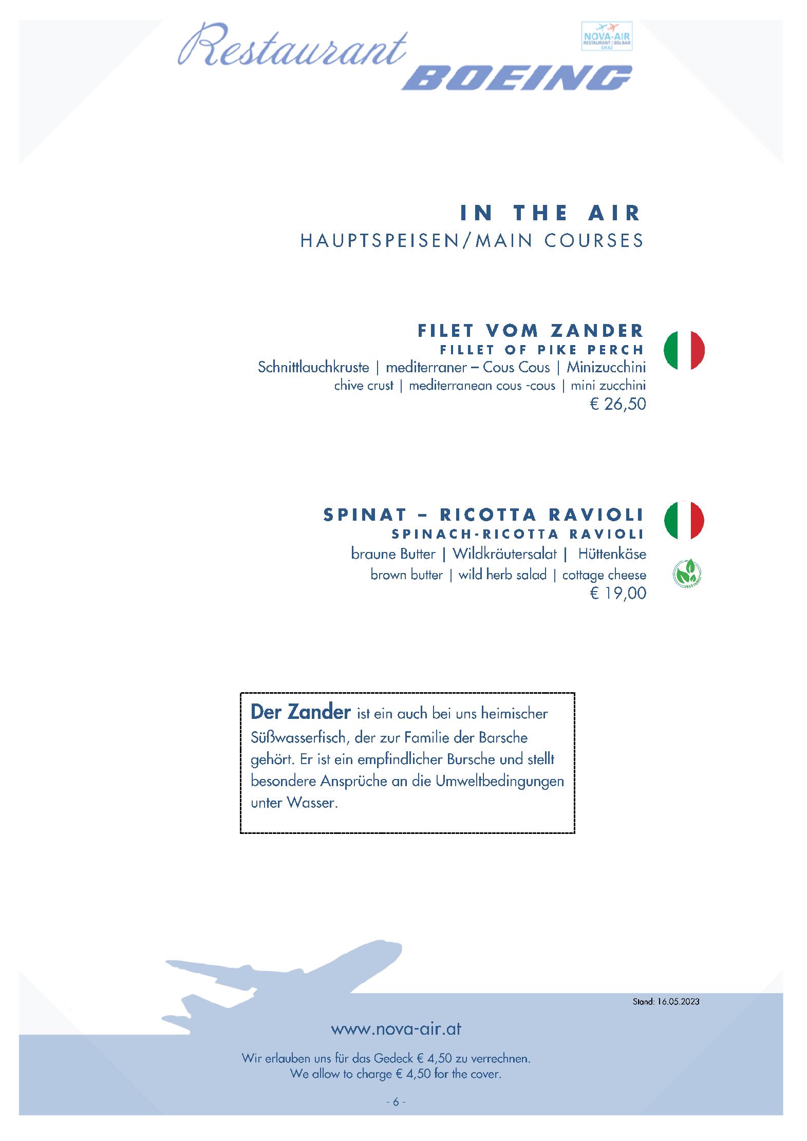 Speisekarte NOVA-AIR Restaurant Boeing in Graz, Seite 10