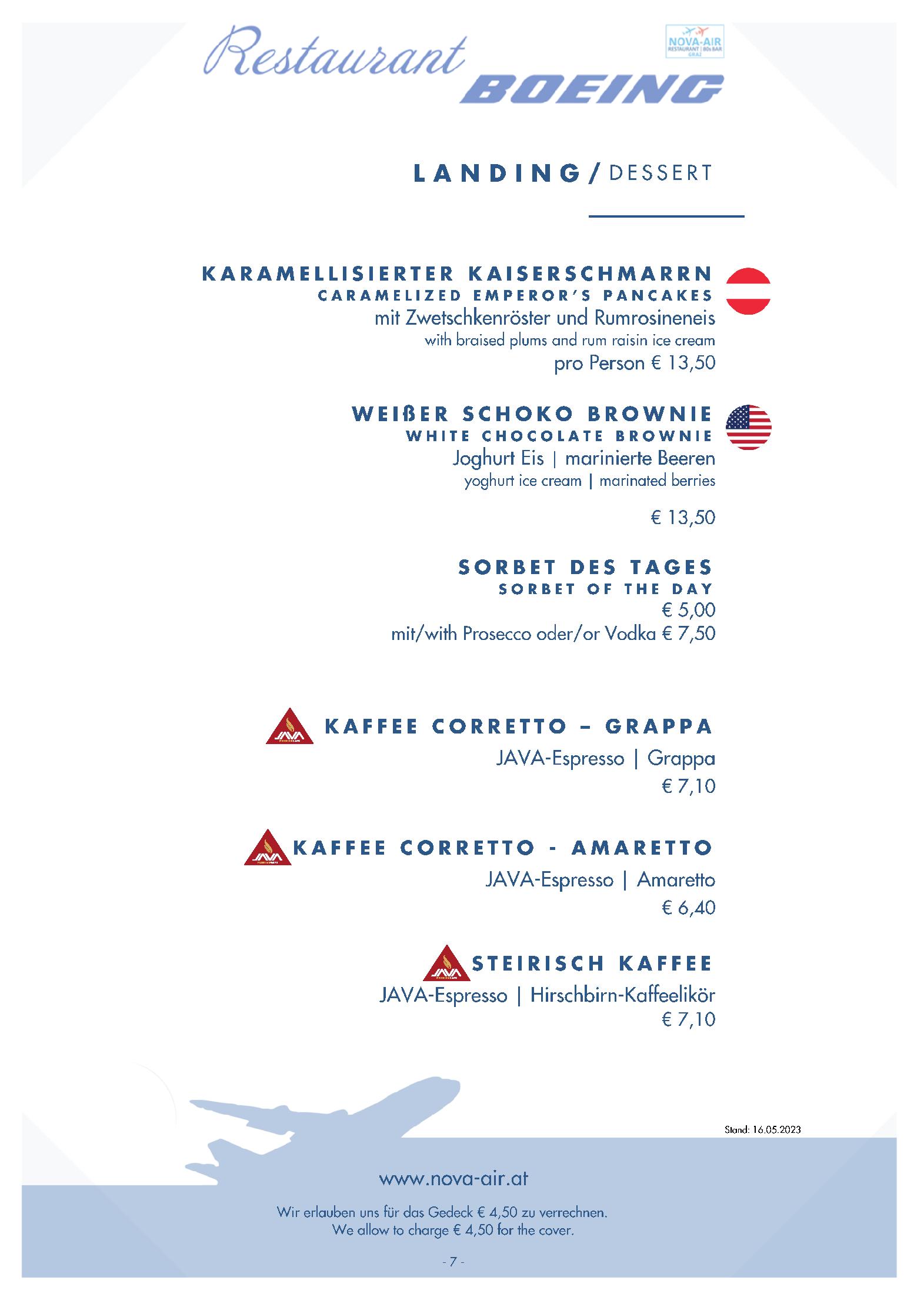 Speisekarte NOVA-AIR Restaurant Boeing in Graz, Seite 9