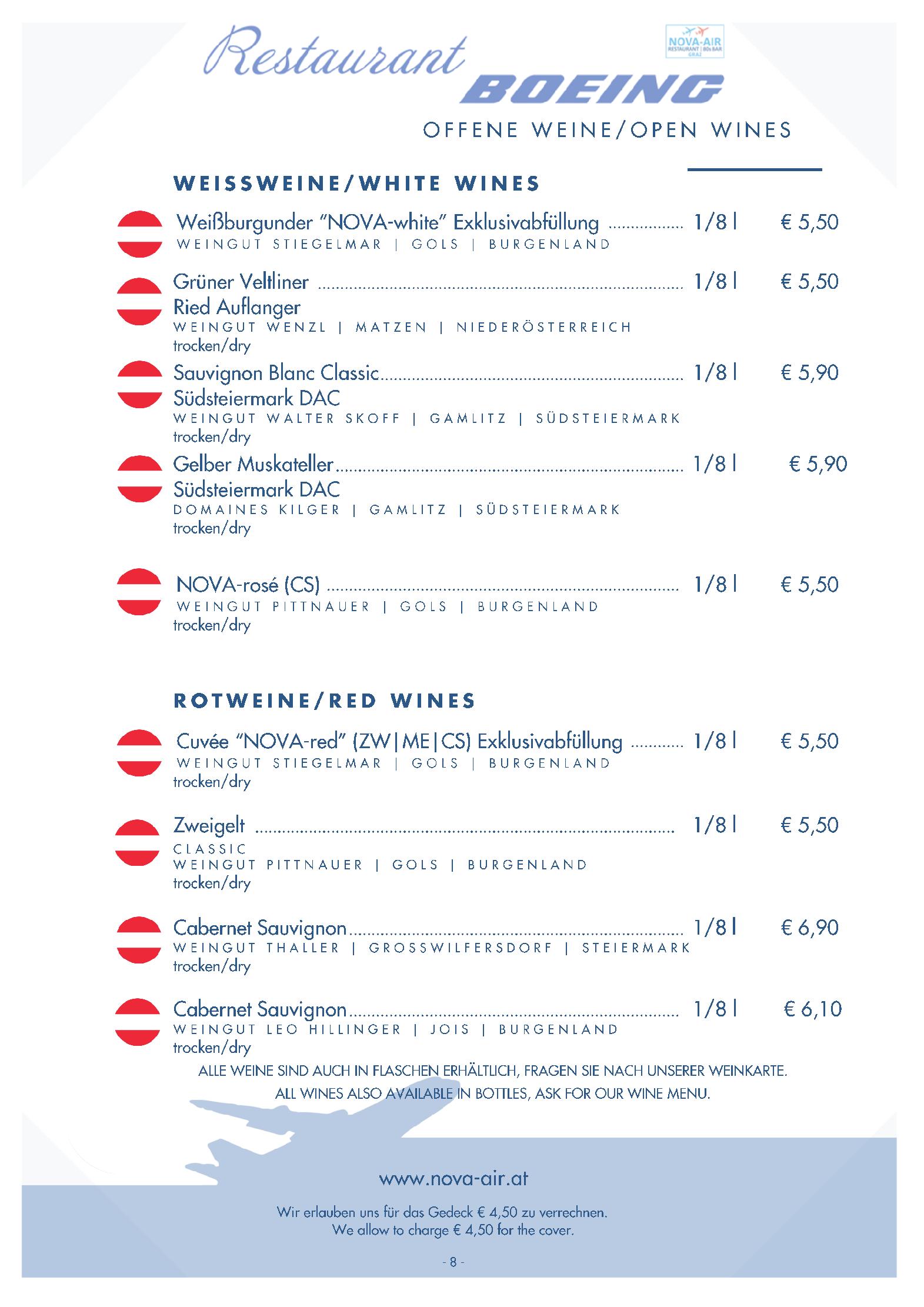 Speisekarte NOVA-AIR Restaurant Boeing in Graz, Seite 8
