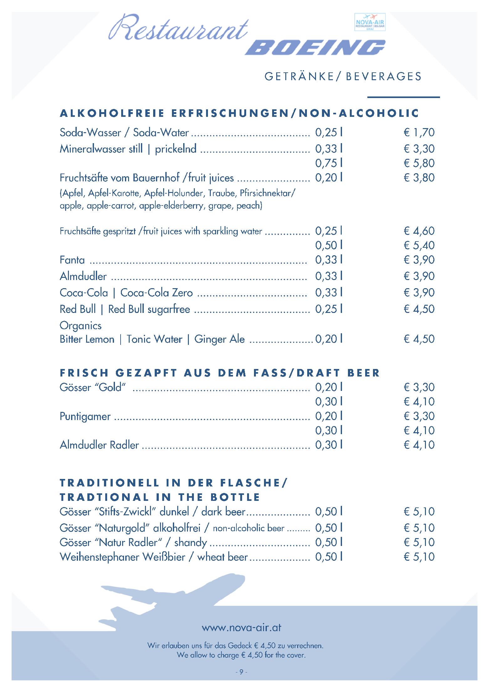 Speisekarte NOVA-AIR Restaurant Boeing in Graz, Seite 7
