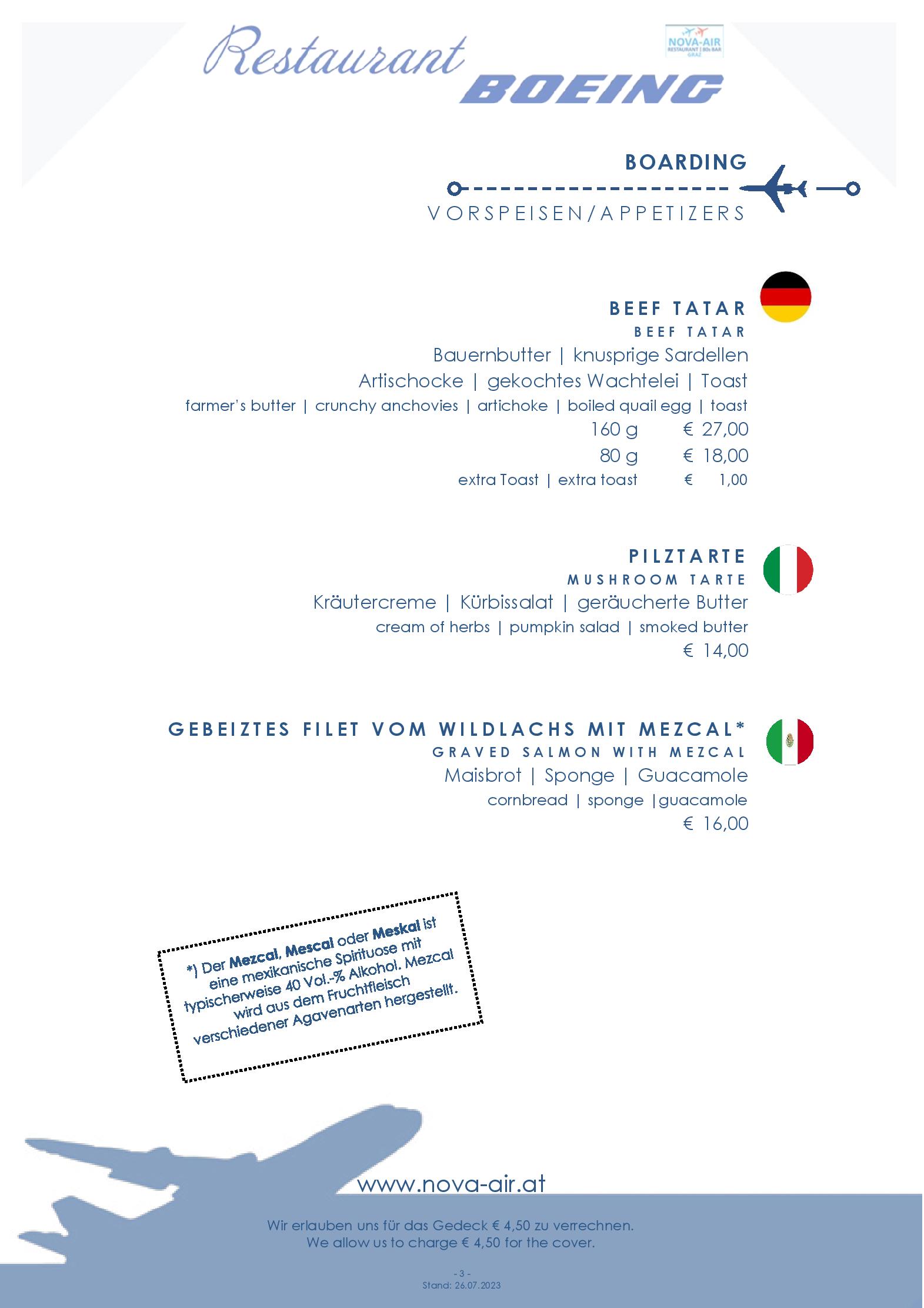 Speisekarte NOVA-AIR Restaurant Boeing in Graz, Seite 3