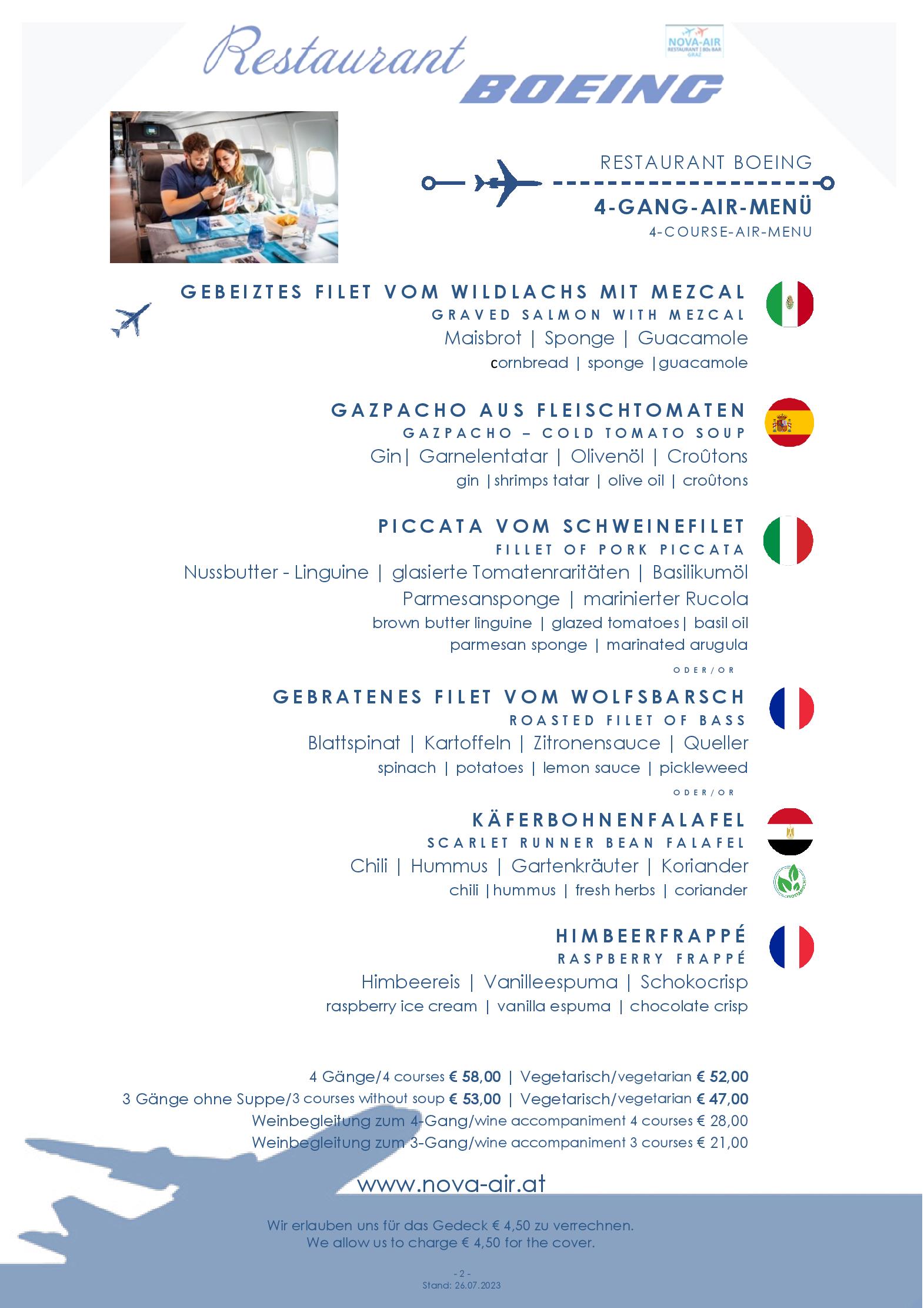 Speisekarte NOVA-AIR Restaurant Boeing in Graz, Seite 22