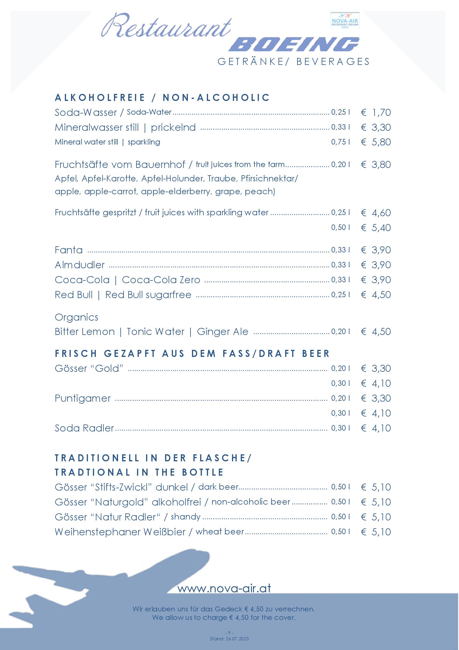 Speisekarte NOVA-AIR Restaurant Boeing in Graz, Seite 15