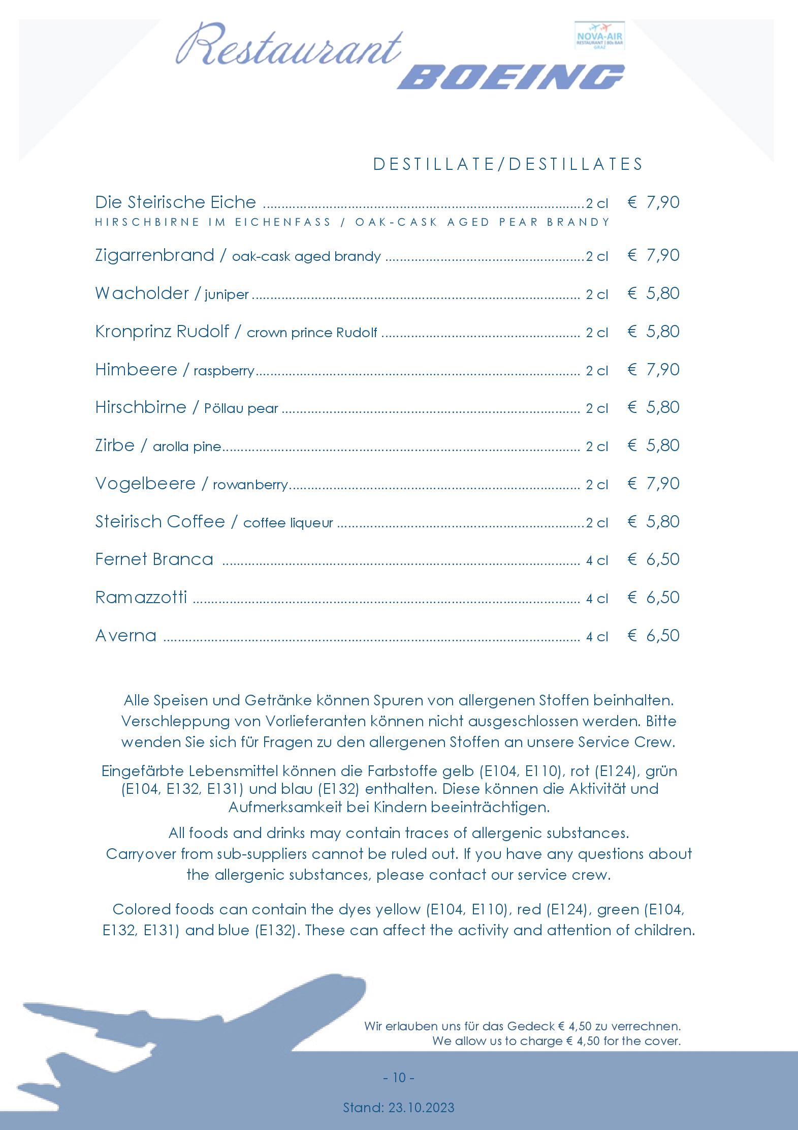 Speisekarte NOVA-AIR Restaurant Boeing in Graz, Seite 36