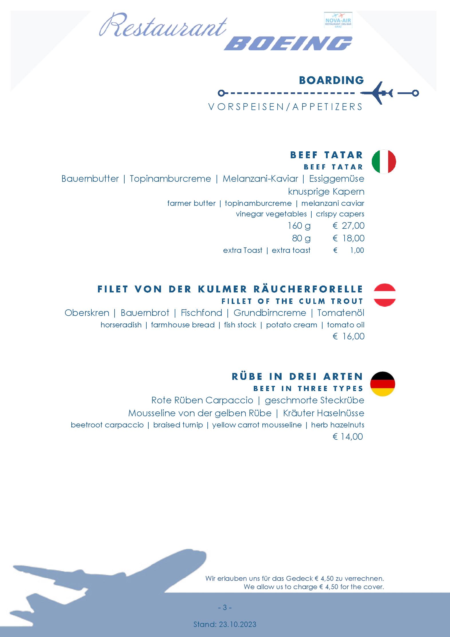 Speisekarte NOVA-AIR Restaurant Boeing in Graz, Seite 33