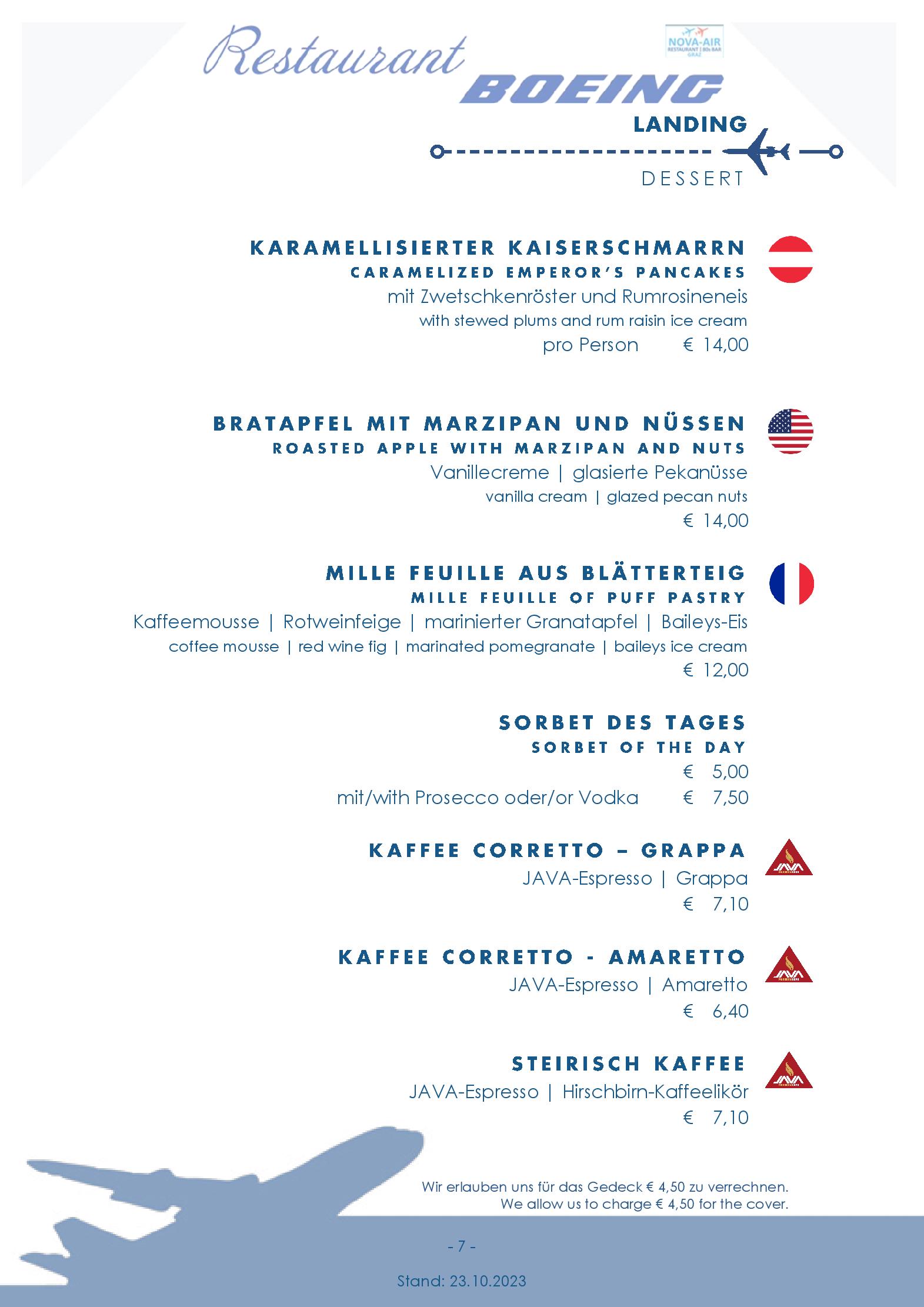 Speisekarte NOVA-AIR Restaurant Boeing in Graz, Seite 38