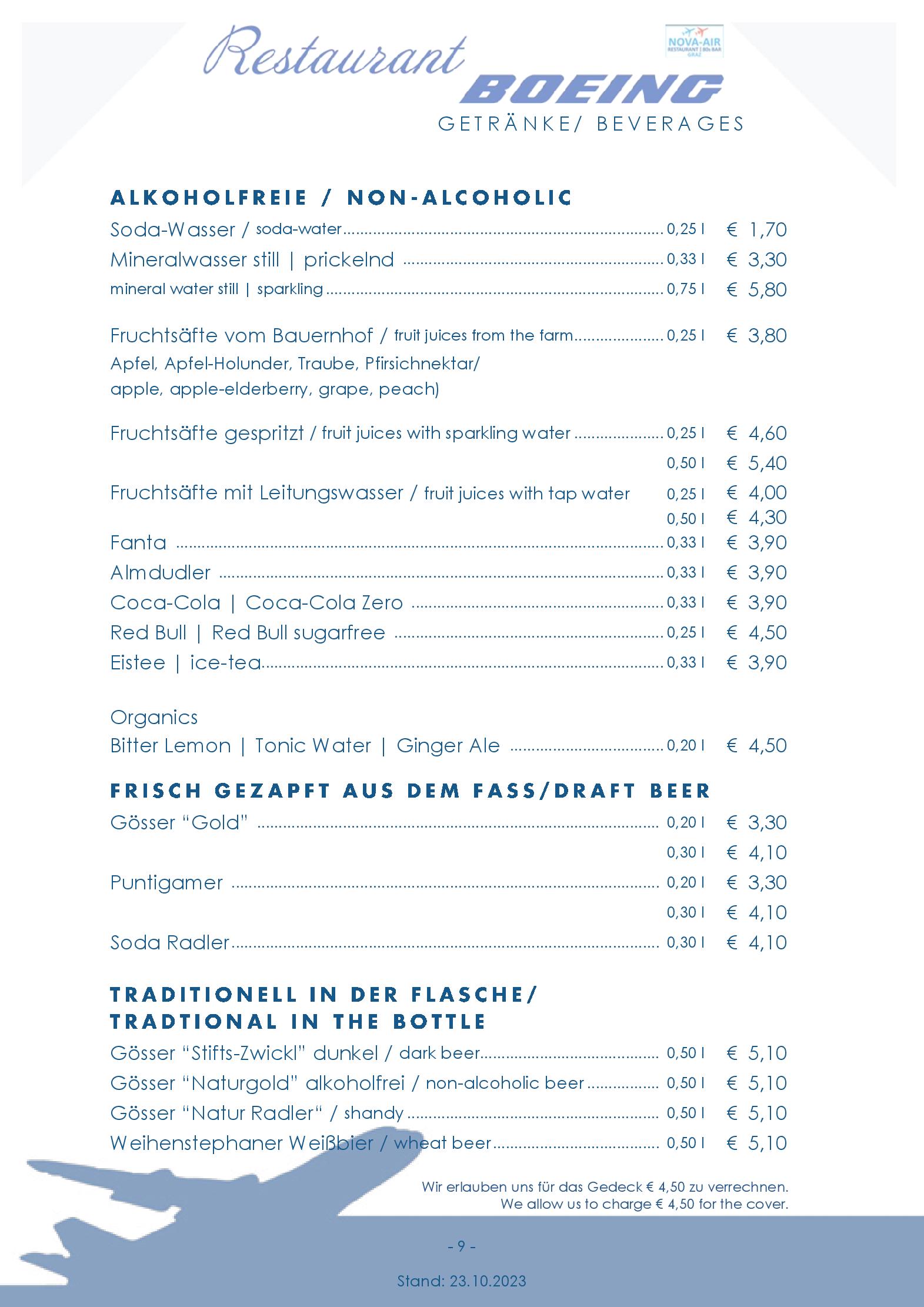 Speisekarte NOVA-AIR Restaurant Boeing in Graz, Seite 12