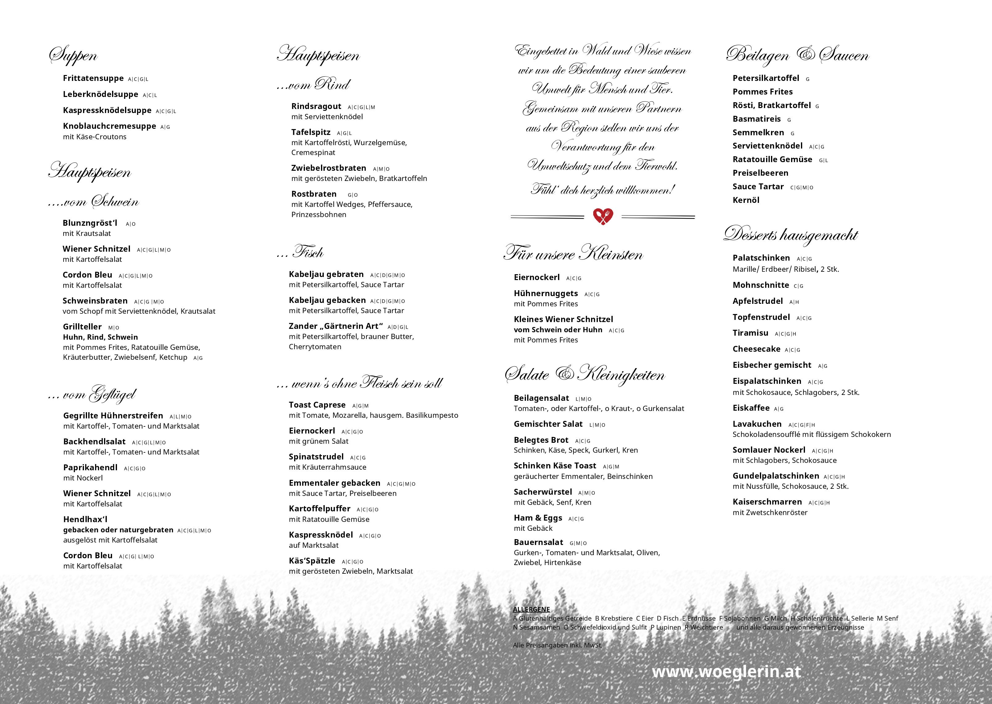Speisekarte Gasthaus Wöglerin in Wienerwald, Seite 1