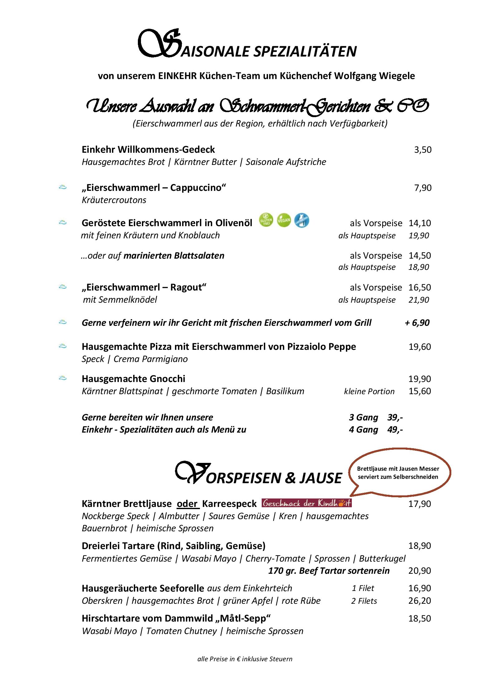 Speisekarte Trattlers Einkehr in Bad Kleinkirchheim, Seite 2
