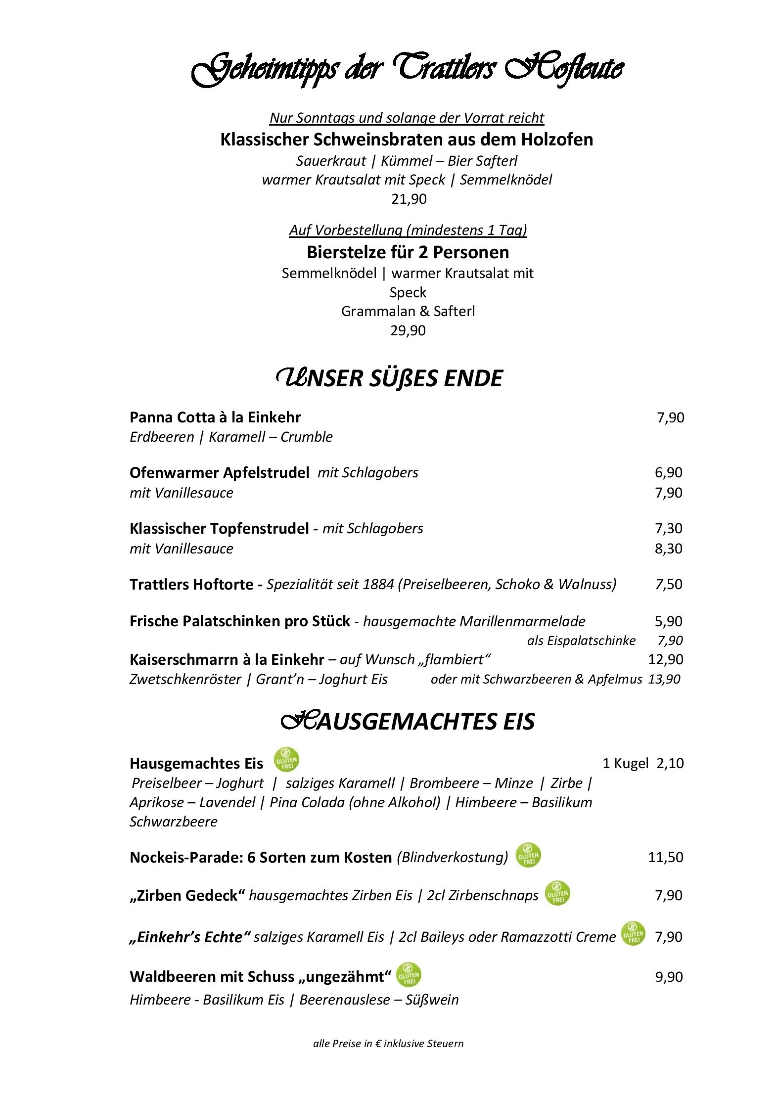 Speisekarte Trattlers Einkehr in Bad Kleinkirchheim, Seite 1