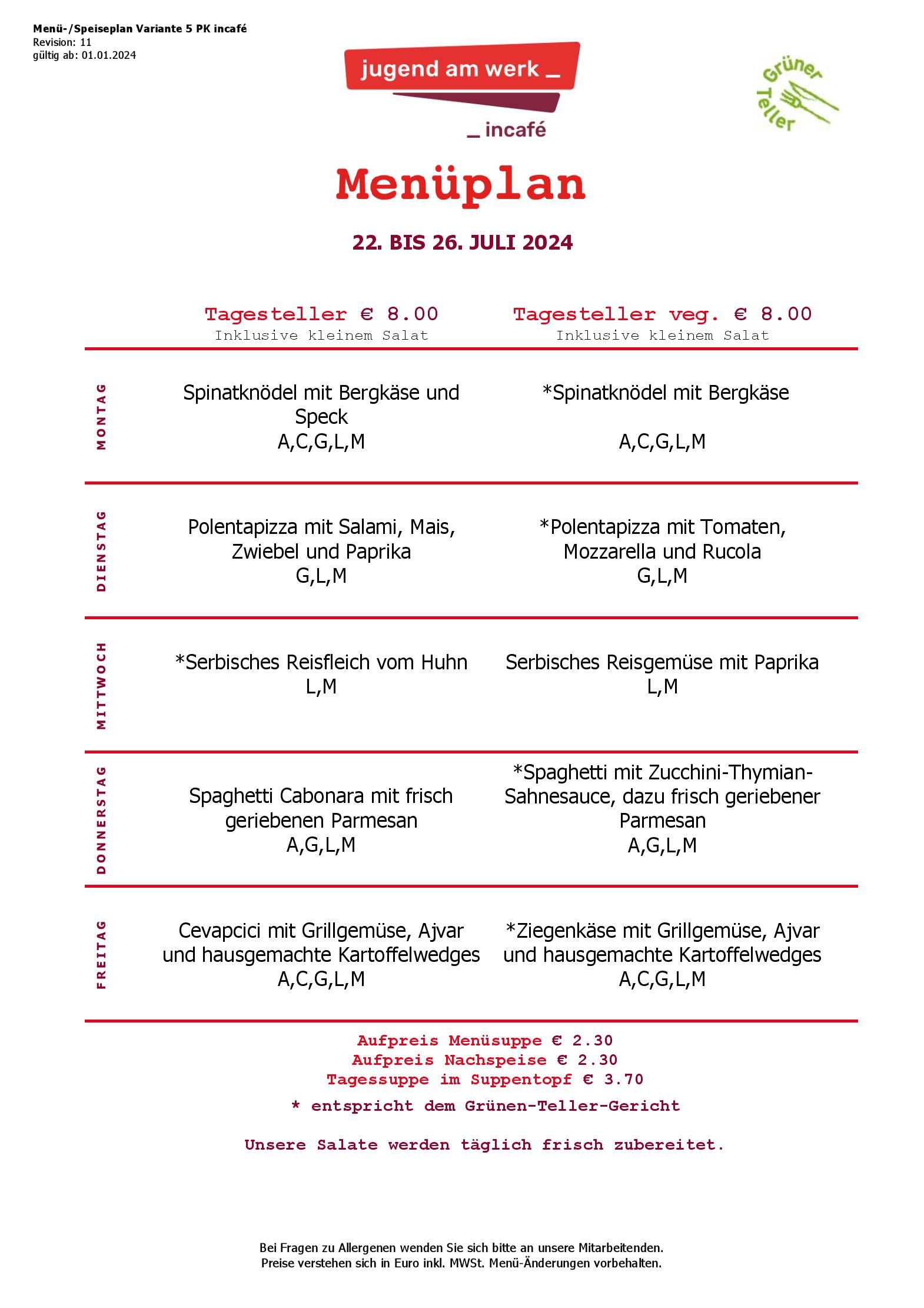 Speisekarte incafé in Graz, Seite 240
