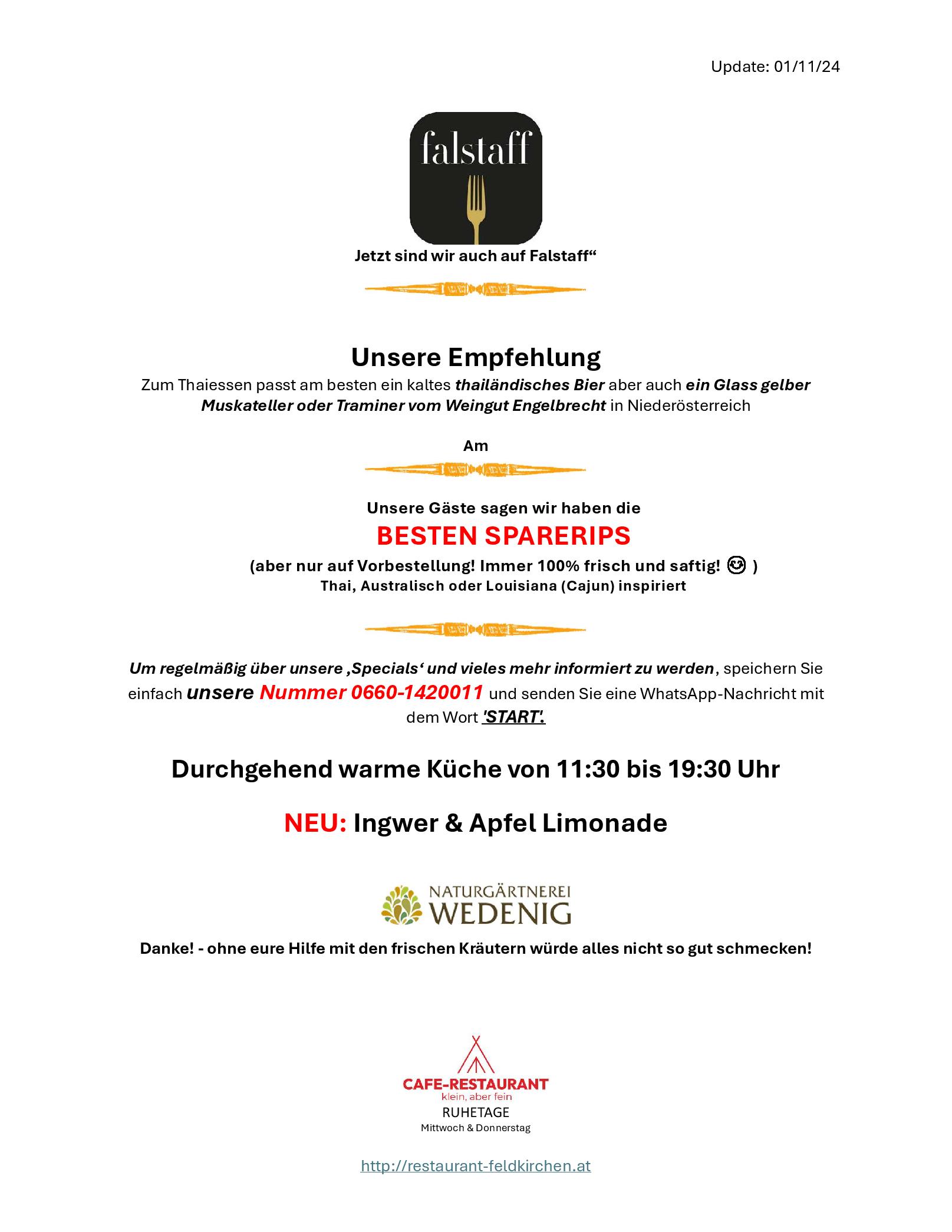 Speisekarte RESTAURANT klein aber fein in Feldkirchen,Ktn, Seite 3