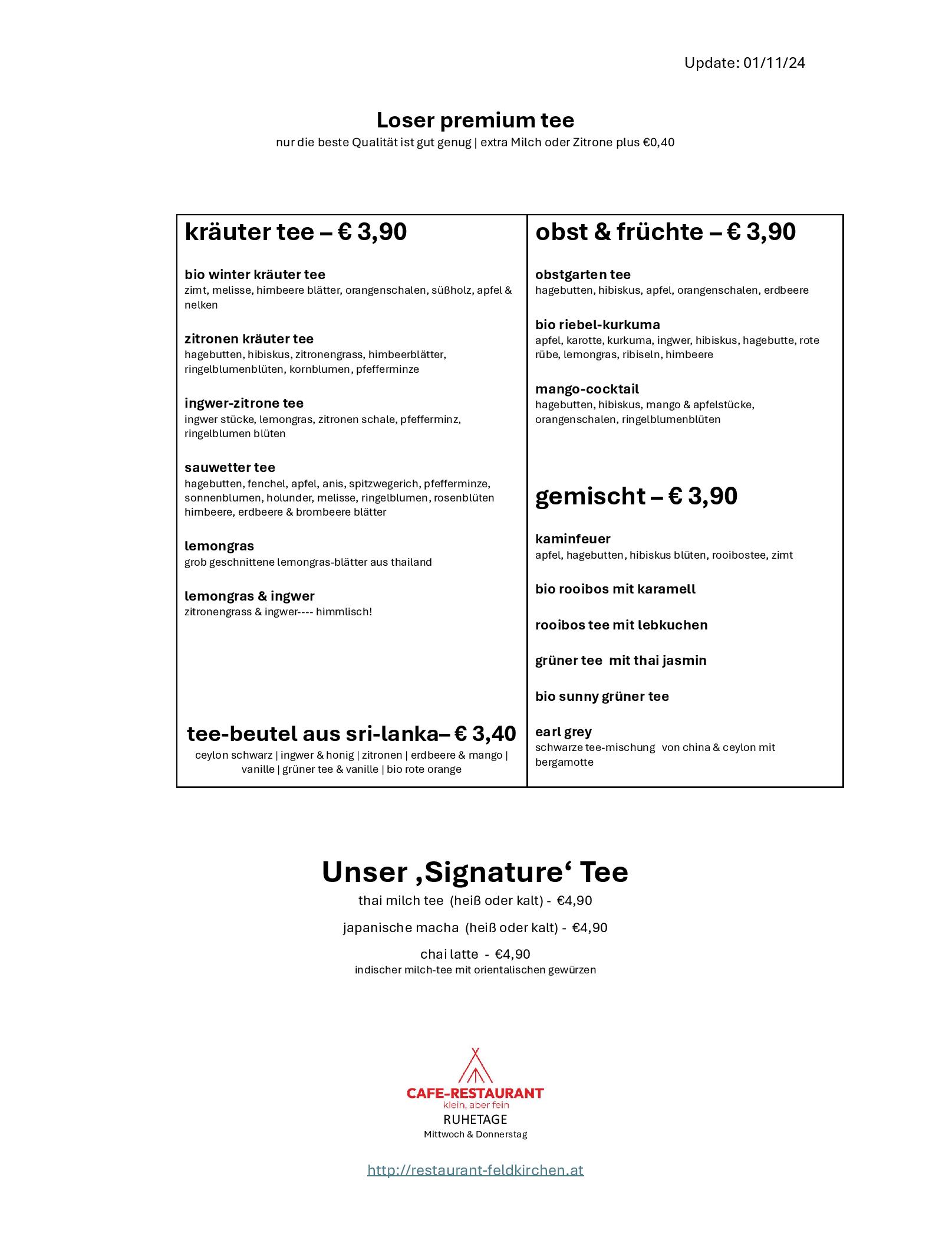 Speisekarte RESTAURANT klein aber fein in Feldkirchen,Ktn, Seite 2