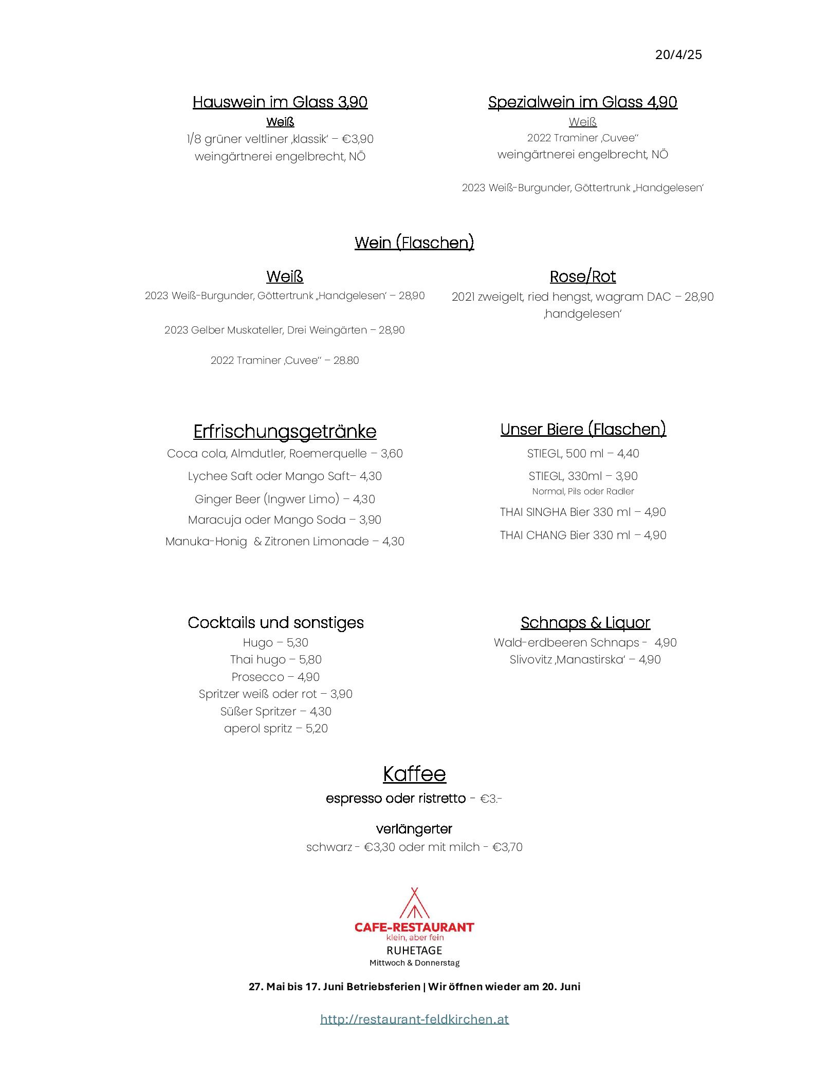 Speisekarte Restaurant Klein, aber Fein in Feldkirchen, Seite 2
