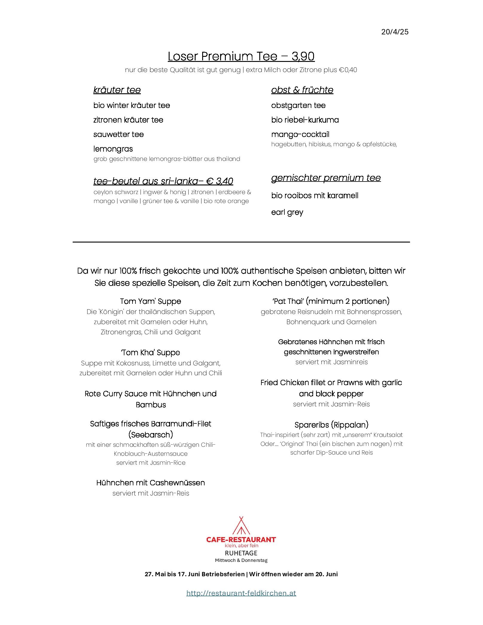 Speisekarte Restaurant Klein, aber Fein in Feldkirchen, Seite 1