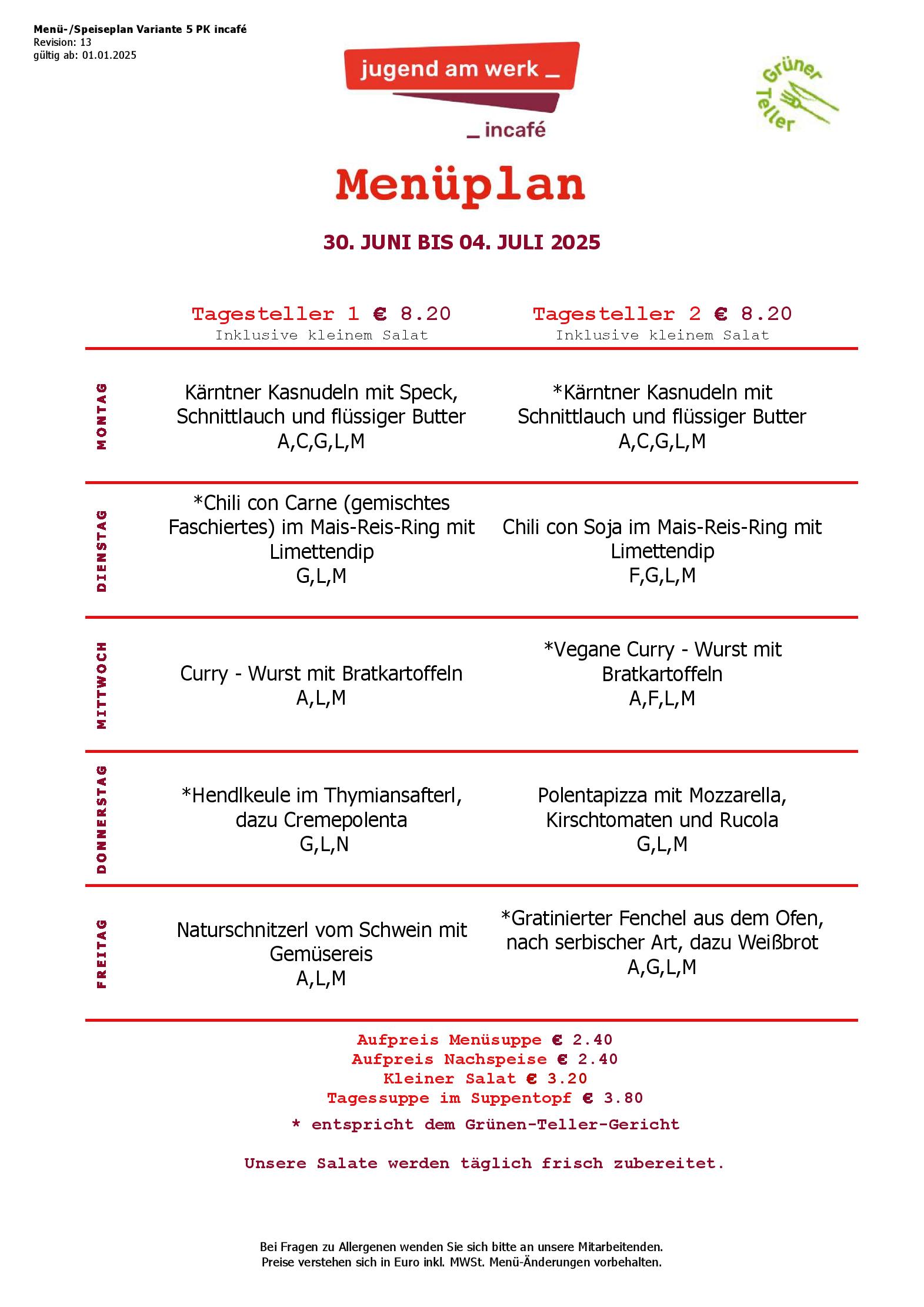 Speisekarte incafé in Graz, Seite 280