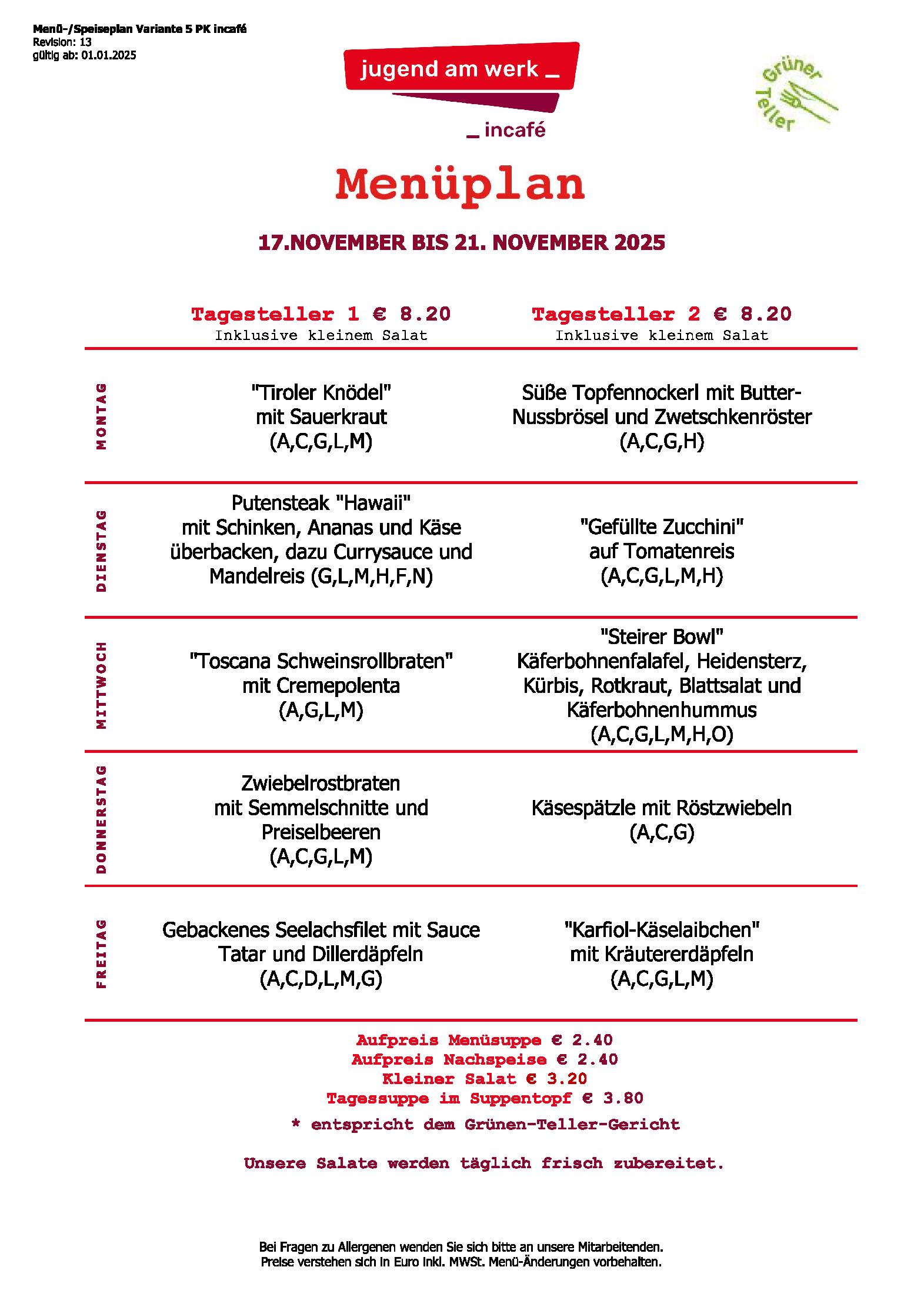 Speisekarte incafé in Graz, Seite 287