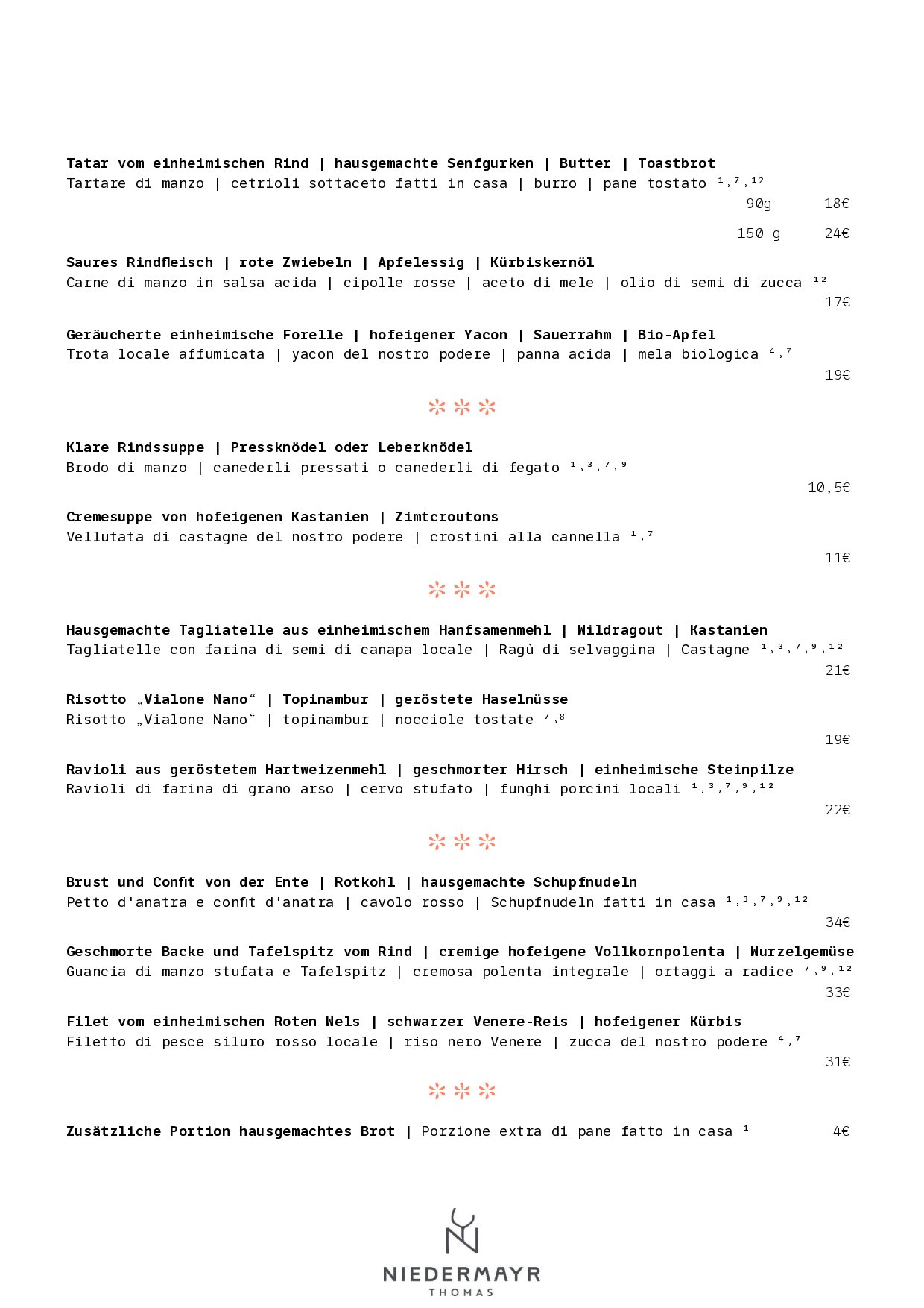 Speisekarte Hofrestaurant Niedermayr in Eppan an der Weinstraße, Seite 1