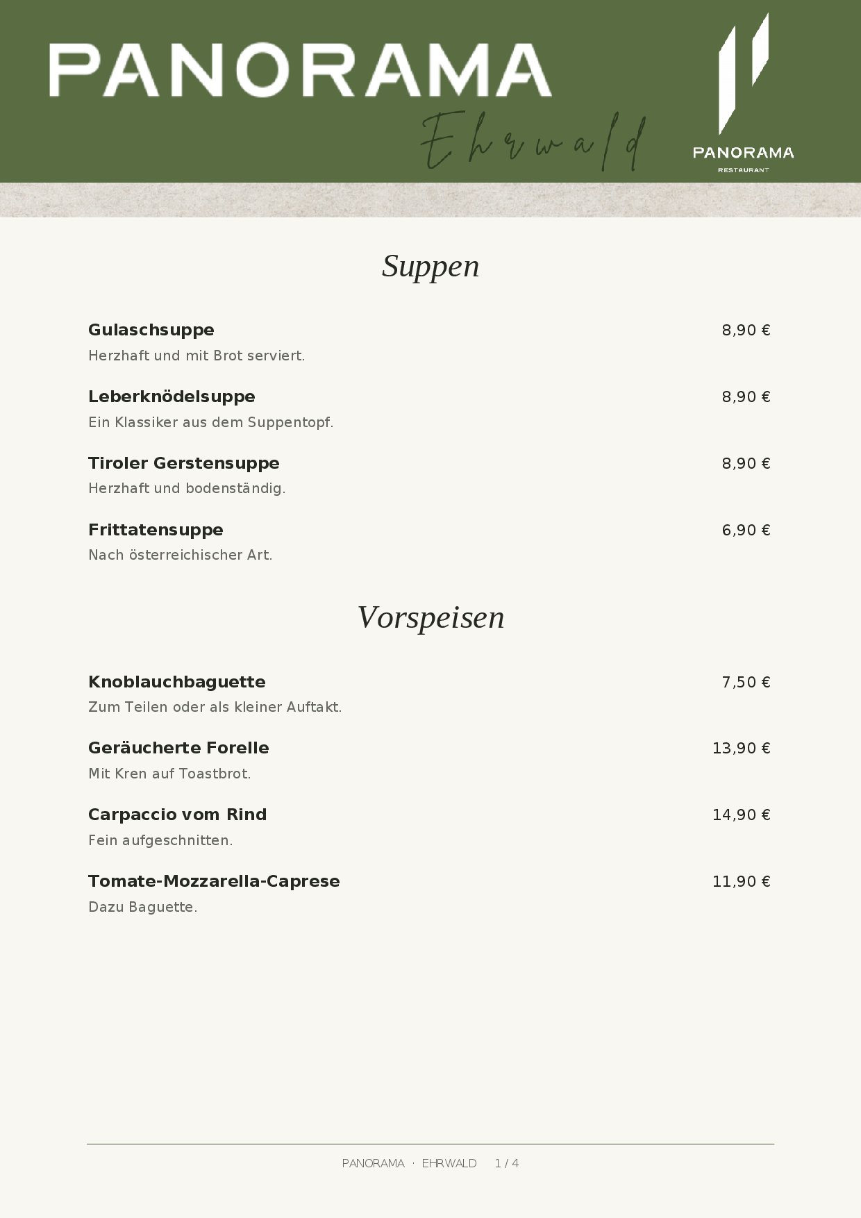 Speisekarte Panorama Restaurant an der Tiroler Zugspitze in Ehrwald, Seite 1