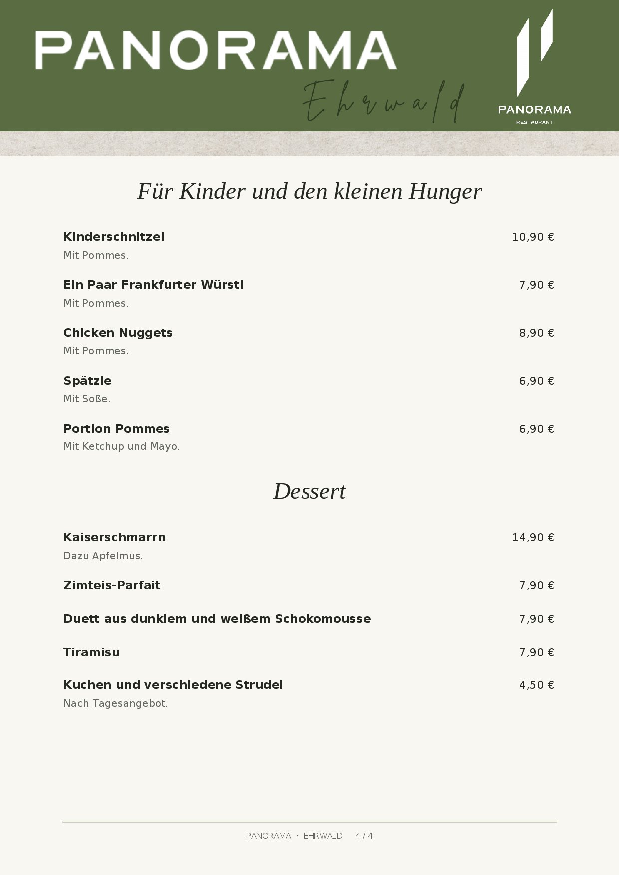 Speisekarte Panorama Restaurant an der Tiroler Zugspitze in Ehrwald, Seite 4