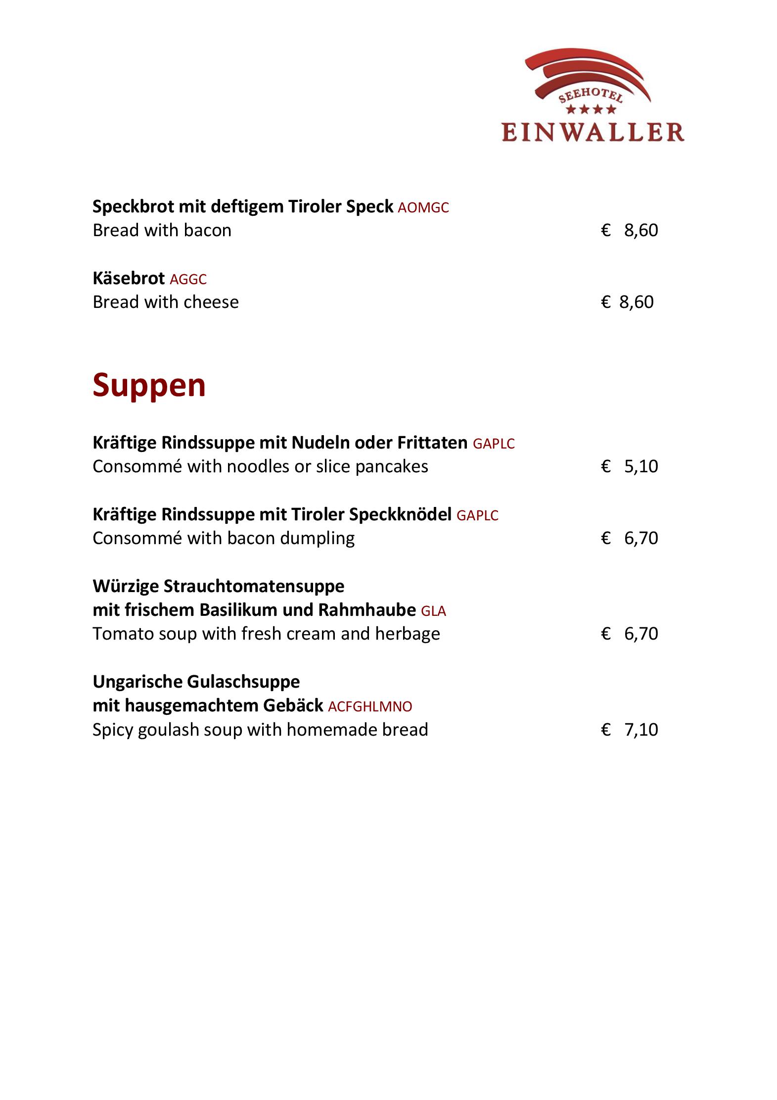 Speisekarte - Seerestaurant Einwaller in Pertisau am Achensee ...